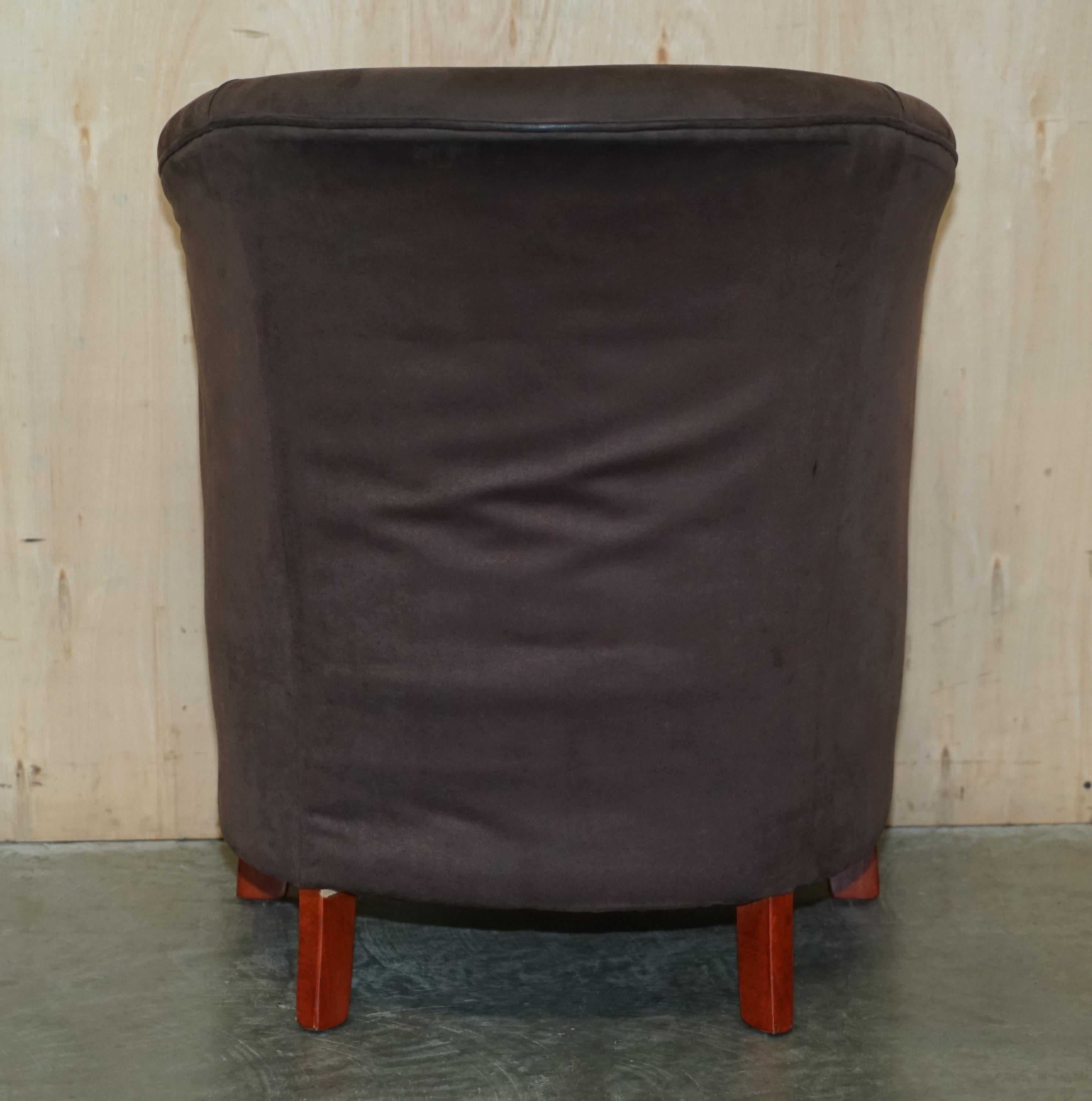 Pair of Vintage Suede Tub Armchairs with Wooden Armrests Nicely Sized Pieces For Sale 10