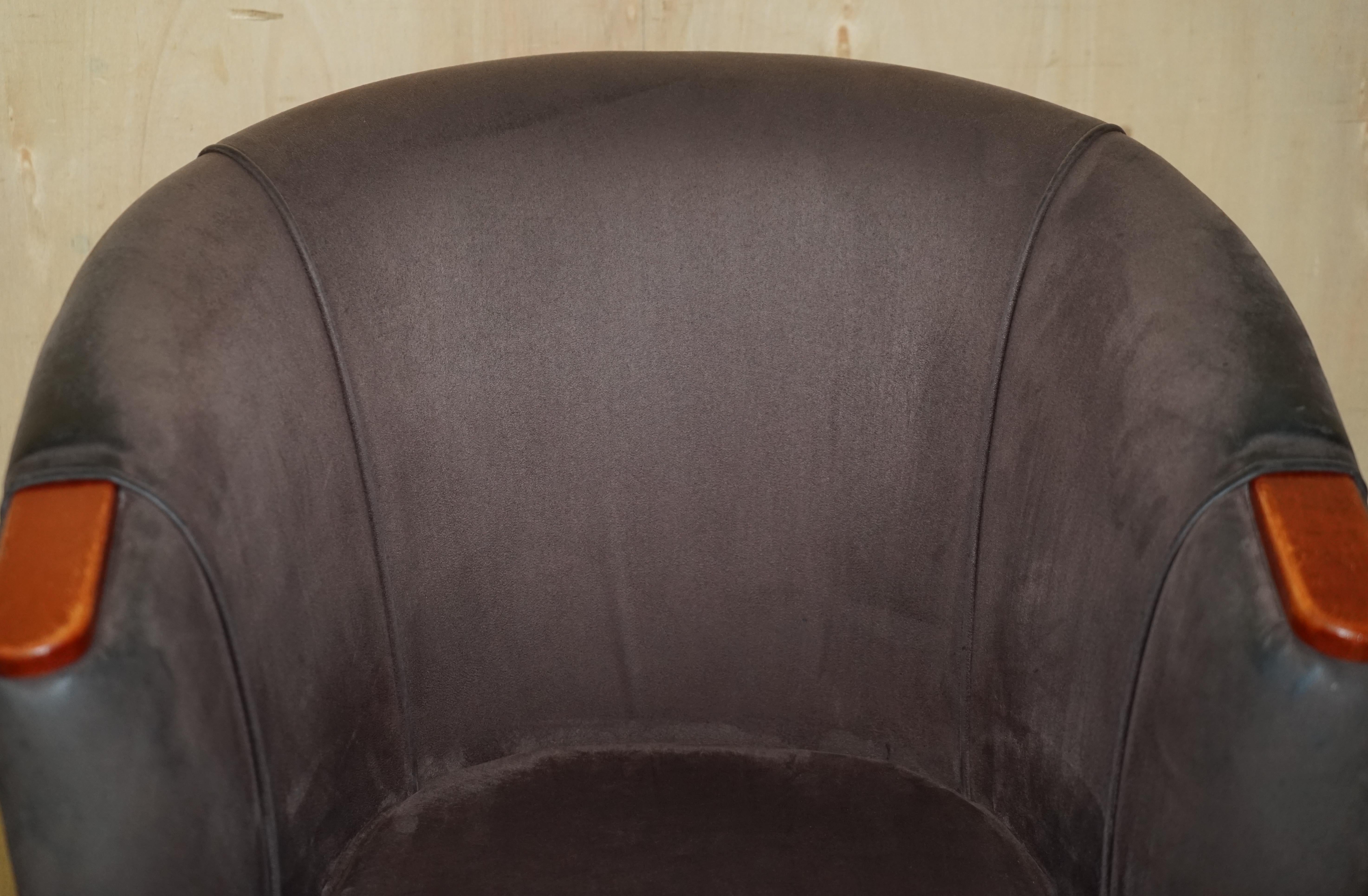 20th Century Pair of Vintage Suede Tub Armchairs with Wooden Armrests Nicely Sized Pieces For Sale