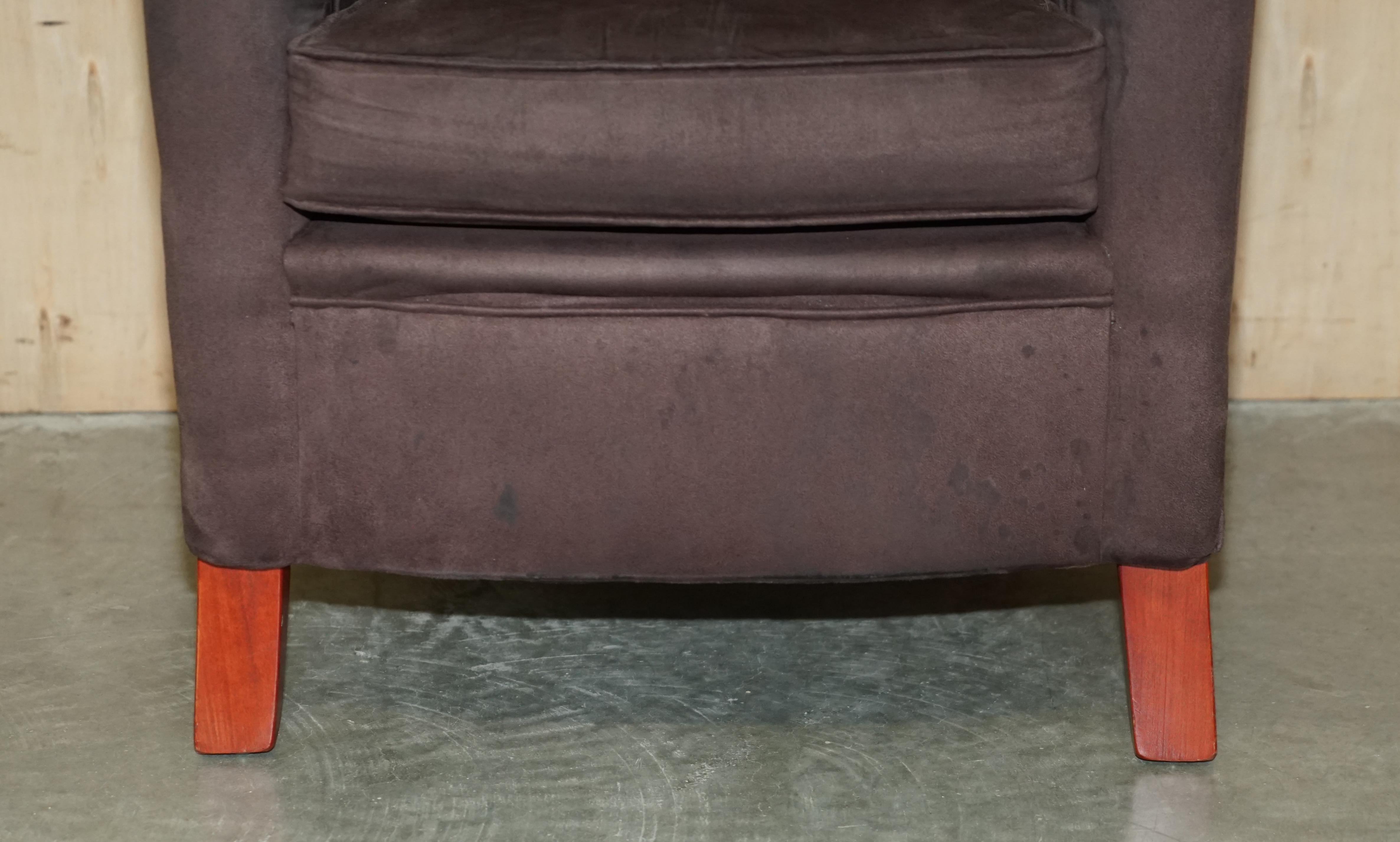 Pair of Vintage Suede Tub Armchairs with Wooden Armrests Nicely Sized Pieces For Sale 2