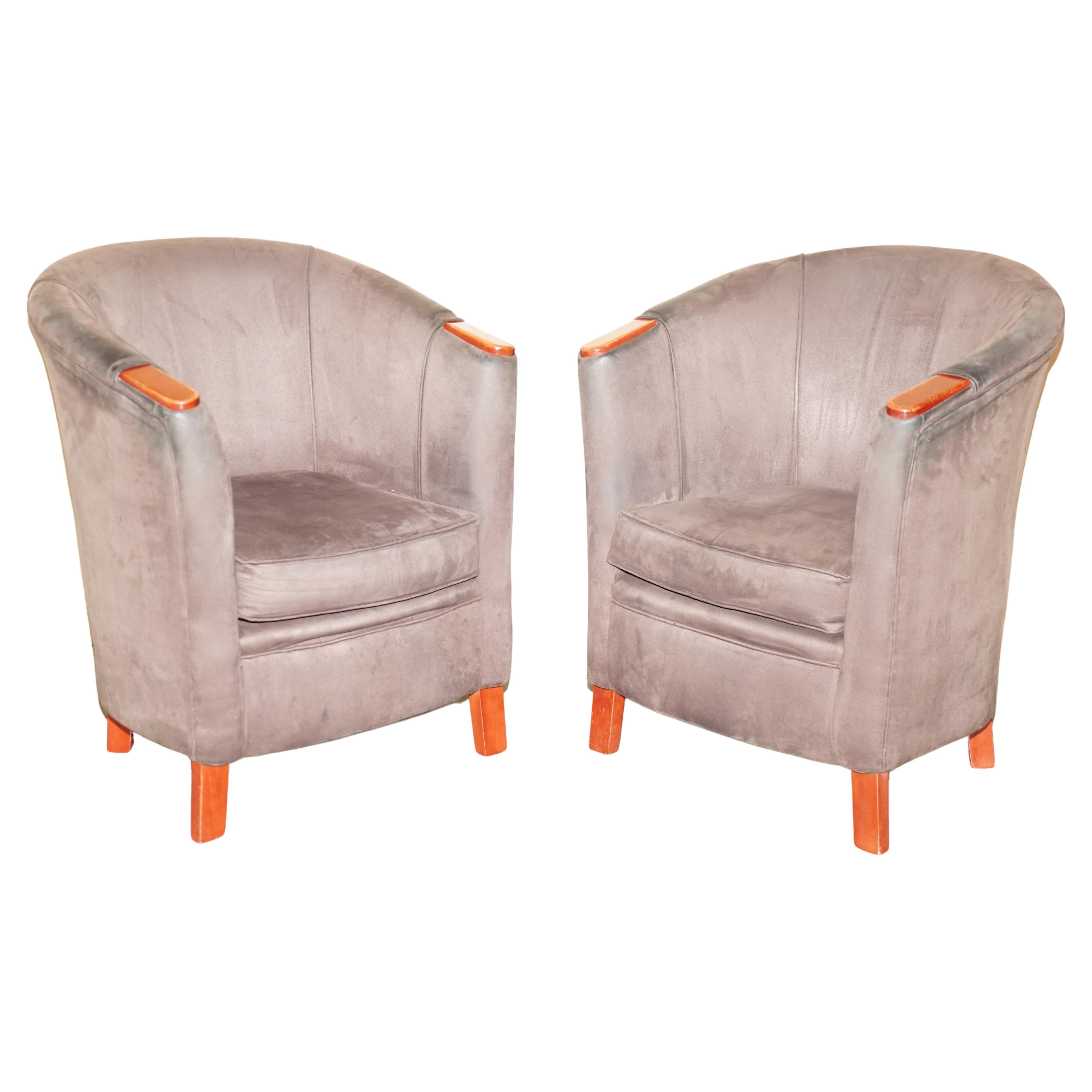 Pair of Vintage Suede Tub Armchairs with Wooden Armrests Nicely Sized Pieces For Sale