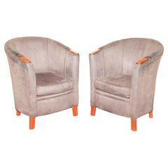 Pärchen von VINTAGE SUEDE TUB ARMCHAIRS WiTH WOODEN ARMRESTS NICELY SIZED PIECES