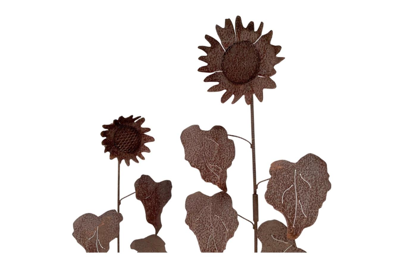 Rustic Pair Of Vintage Sunflower Metal Ornamental Garden Stakes For Sale