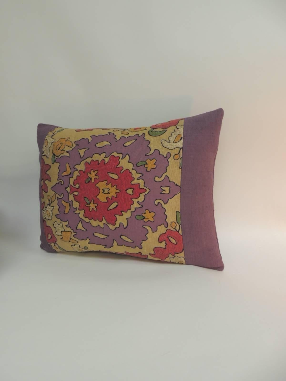 Uzbek Pair of Vintage Suzani Embroidery Purple Lumbar Decorative Pillows