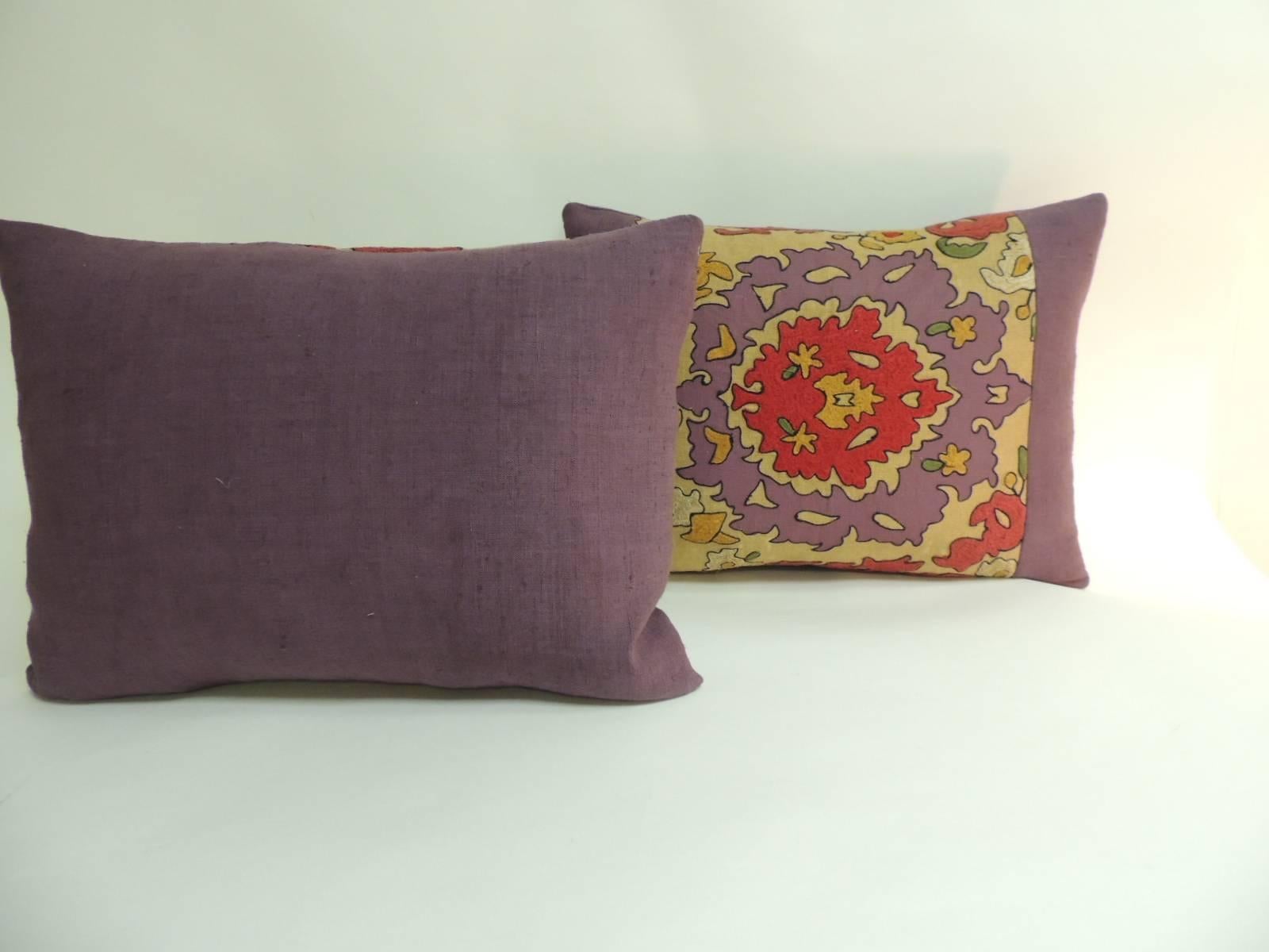 Hand-Crafted Pair of Vintage Suzani Embroidery Purple Lumbar Decorative Pillows