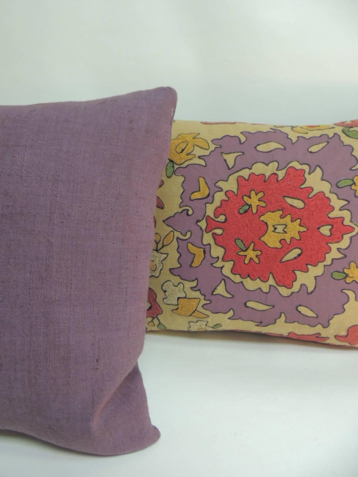 Pair of Vintage Suzani Embroidery Purple Lumbar Decorative Pillows In Excellent Condition In Oakland Park, FL