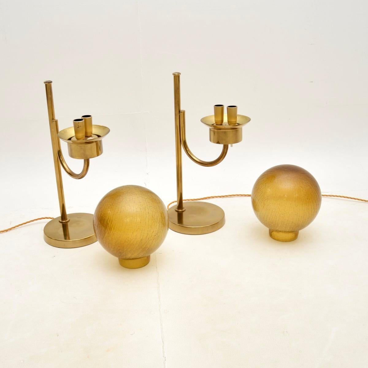 Pair of Vintage Swedish Brass and Glass Table Lamps by Bergboms In Good Condition In London, GB