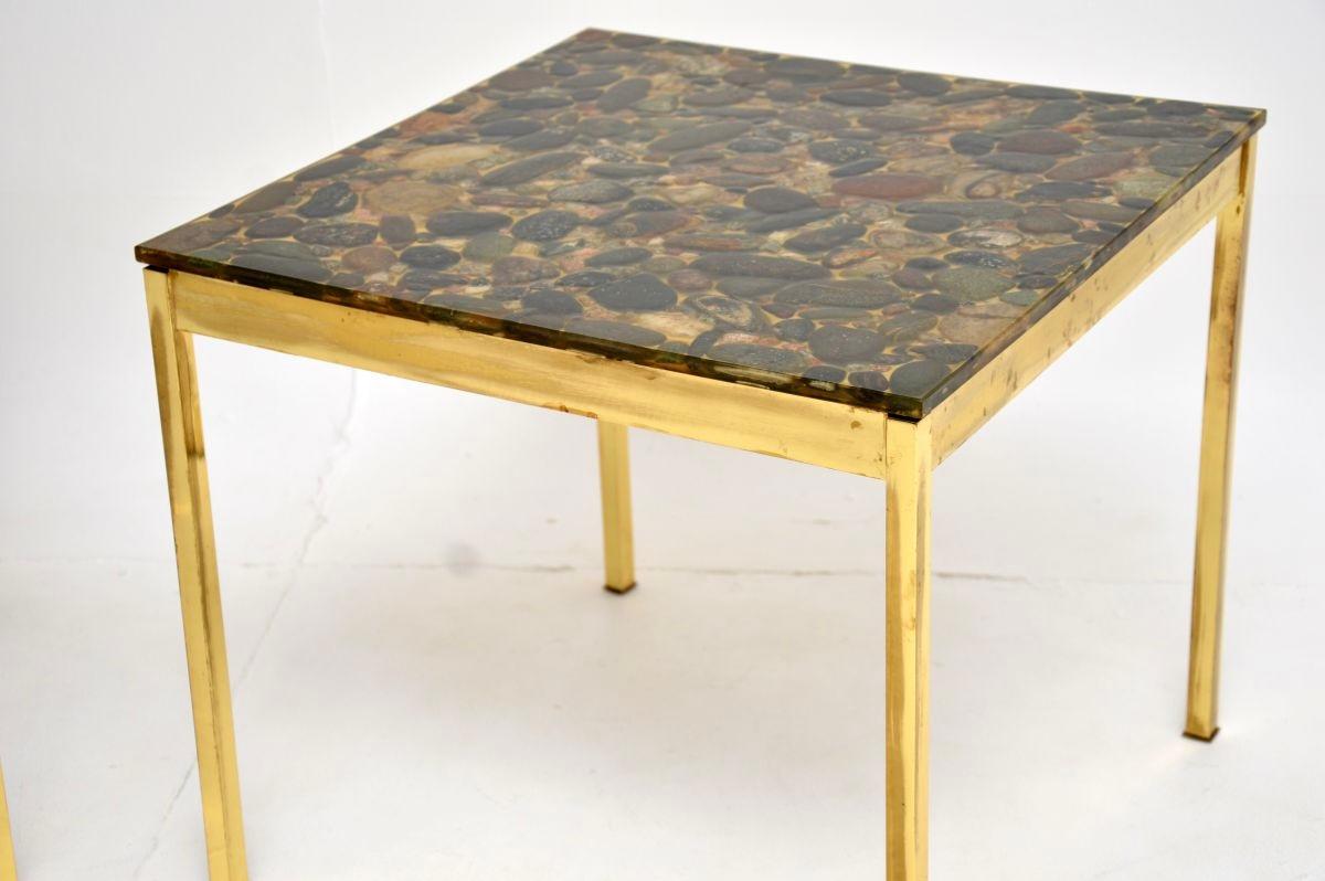 Pair of Vintage Swedish Brass and Stone Side Tables in vendita 5