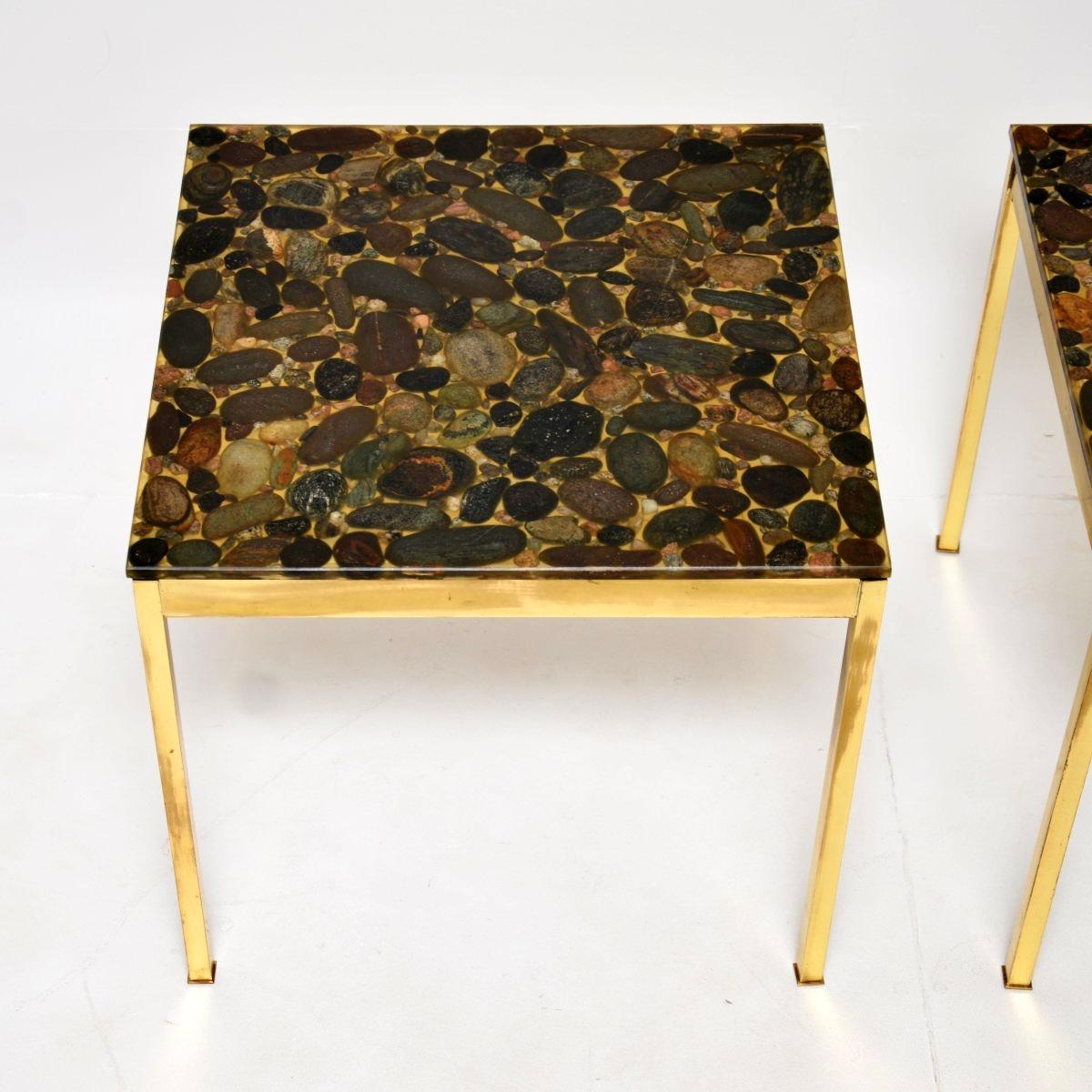 Mid-Century moderno Pair of Vintage Swedish Brass and Stone Side Tables in vendita