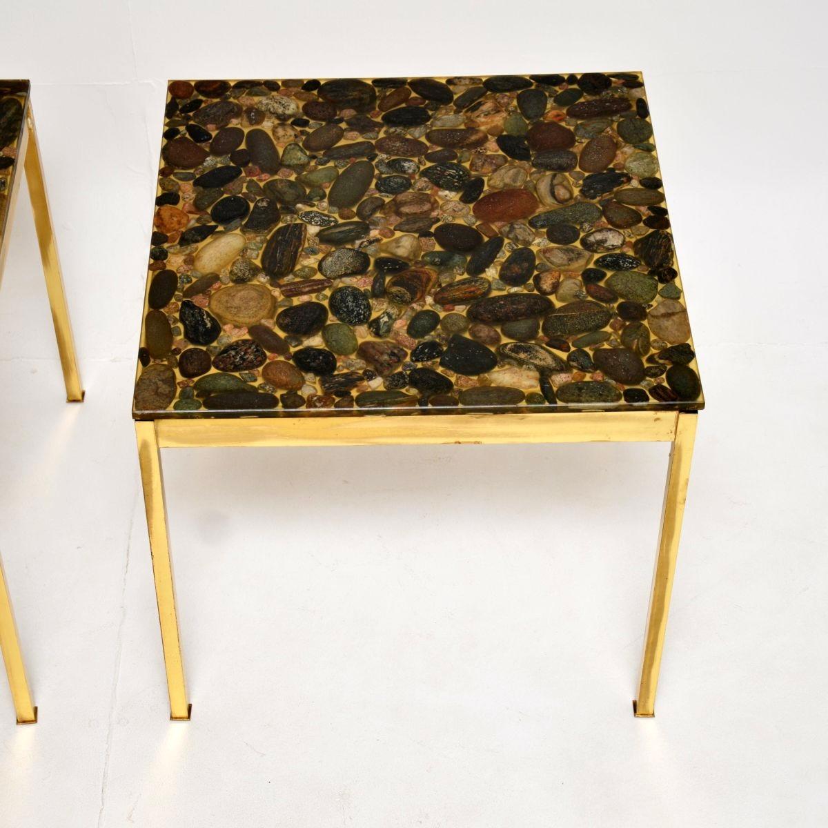 Svedese Pair of Vintage Swedish Brass and Stone Side Tables in vendita