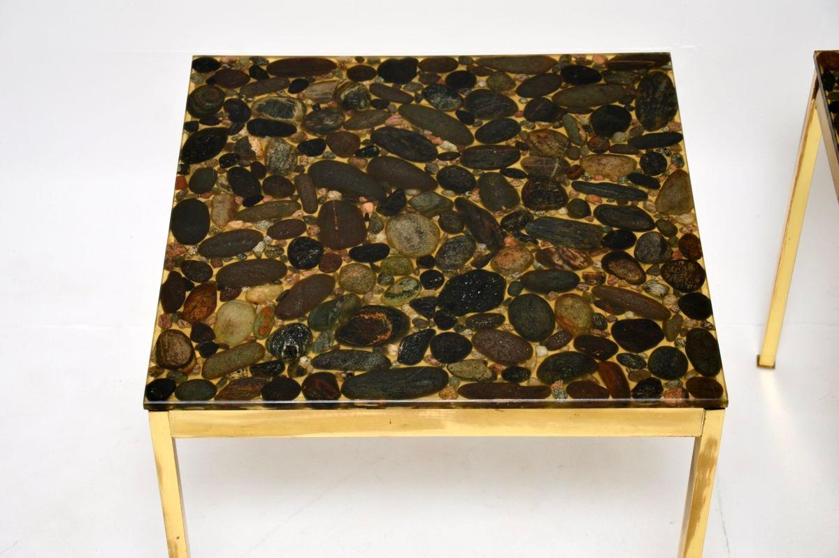 Fine XX secolo Pair of Vintage Swedish Brass and Stone Side Tables in vendita