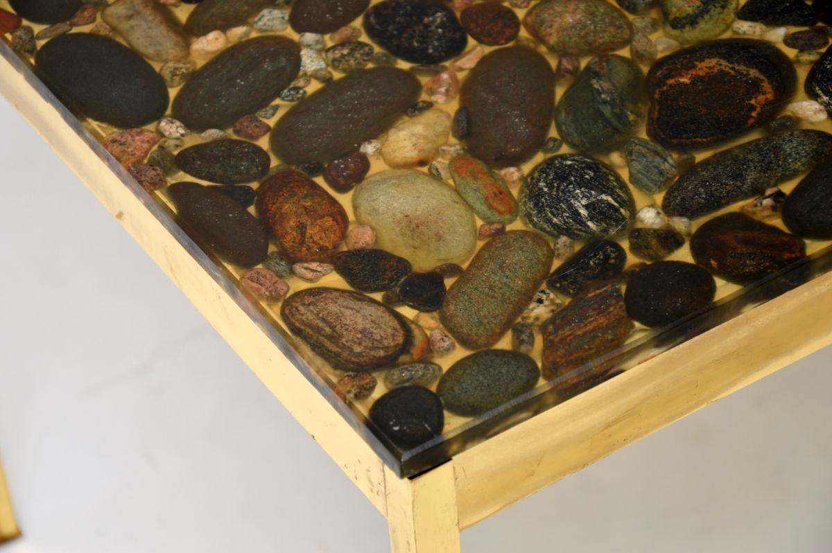 Ottone Pair of Vintage Swedish Brass and Stone Side Tables in vendita