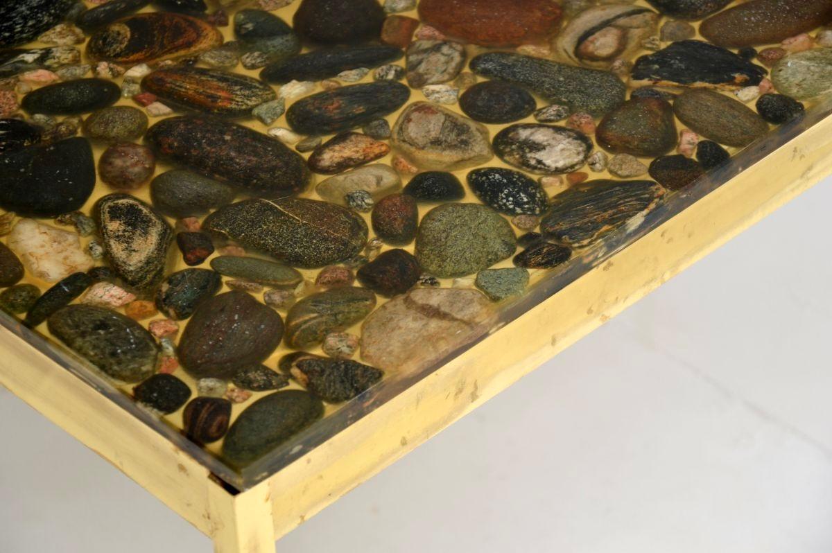 Pair of Vintage Swedish Brass and Stone Side Tables in vendita 2