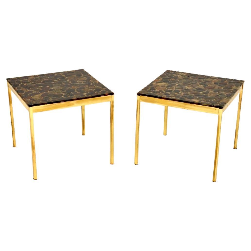 Pair of Vintage Swedish Brass and Stone Side Tables