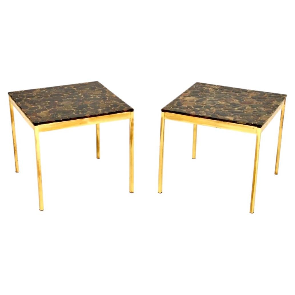Pair of Vintage Swedish Brass and Stone Side Tables