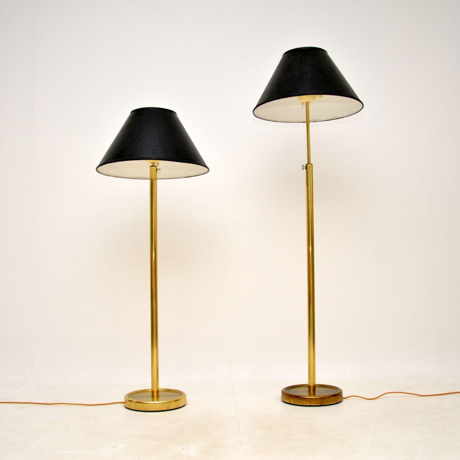 A stylish and very well made pair of vintage Swedish brass rise and fall floor lamps. They were made by Fagerhult in the 1970-80’s and were recently imported from Sweden.

The quality is fantastic and the condition is excellent for their age. Both