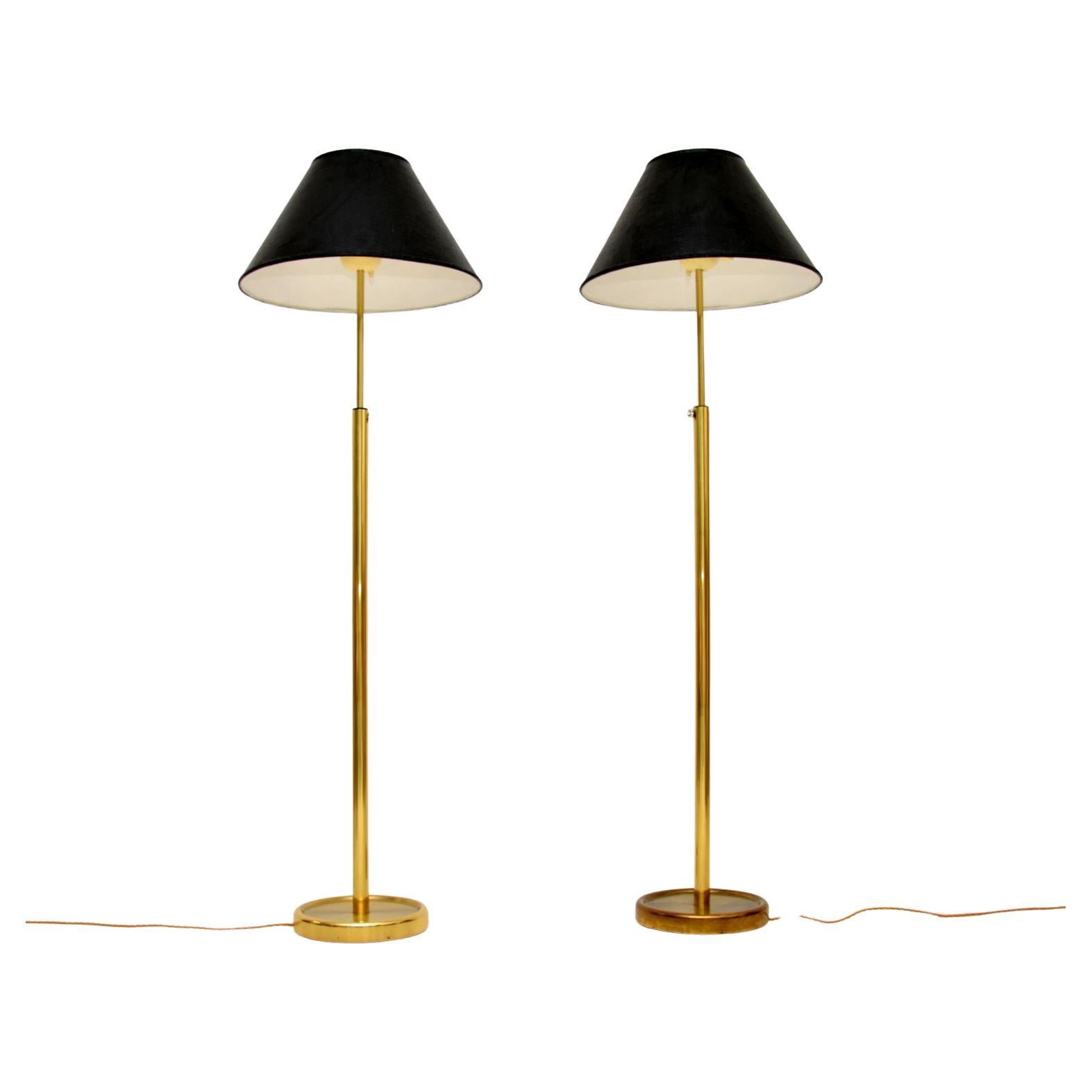 Pair of Vintage Swedish Brass Rise and Fall Floor Lamps For Sale