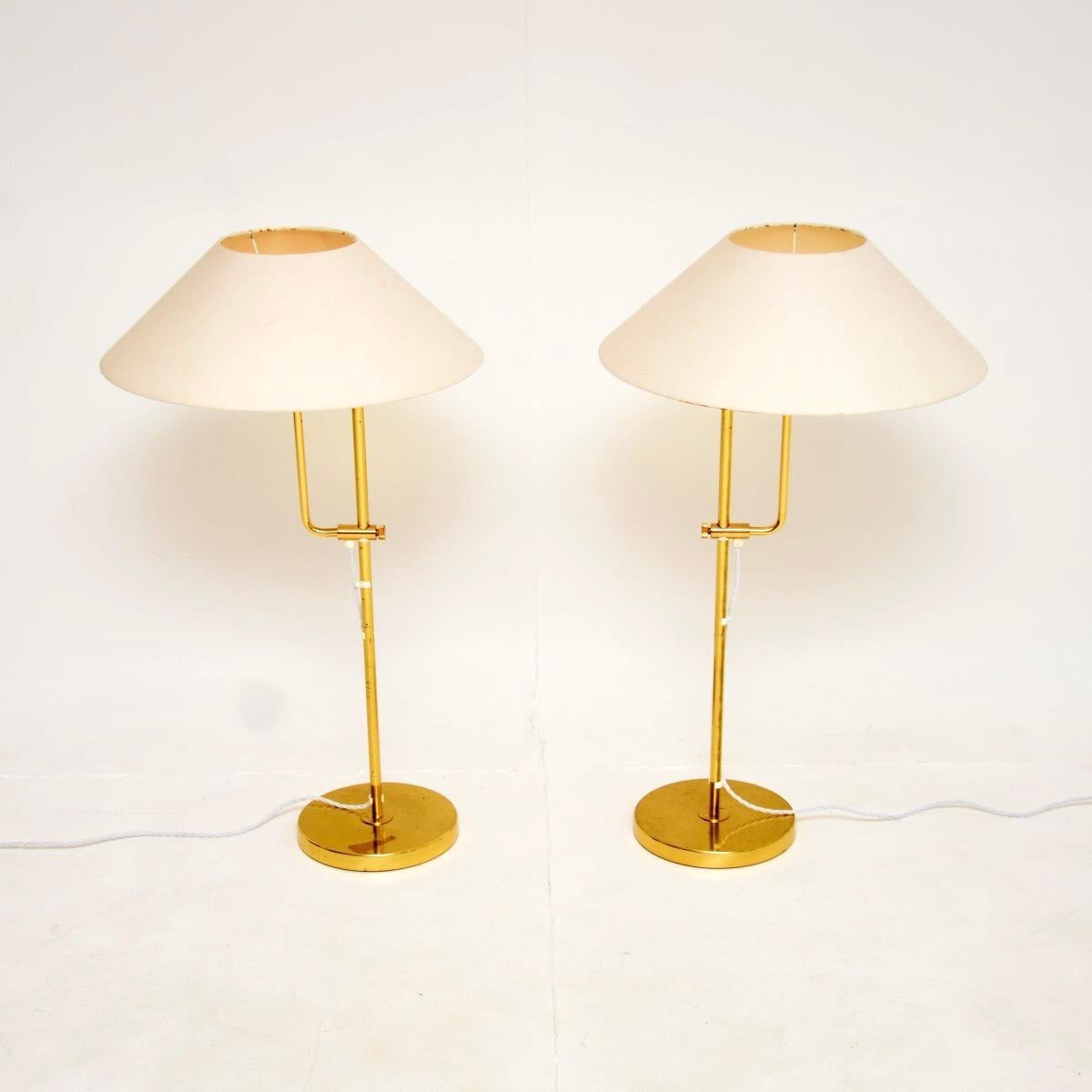A stunning pair of vintage Swedish brass rise and fall lamps by Bergboms. They were recently imported from Sweden, they date from around the 1970’s.

The quality is outstanding, they have a very stylish and useful design. Each has a rise and fall