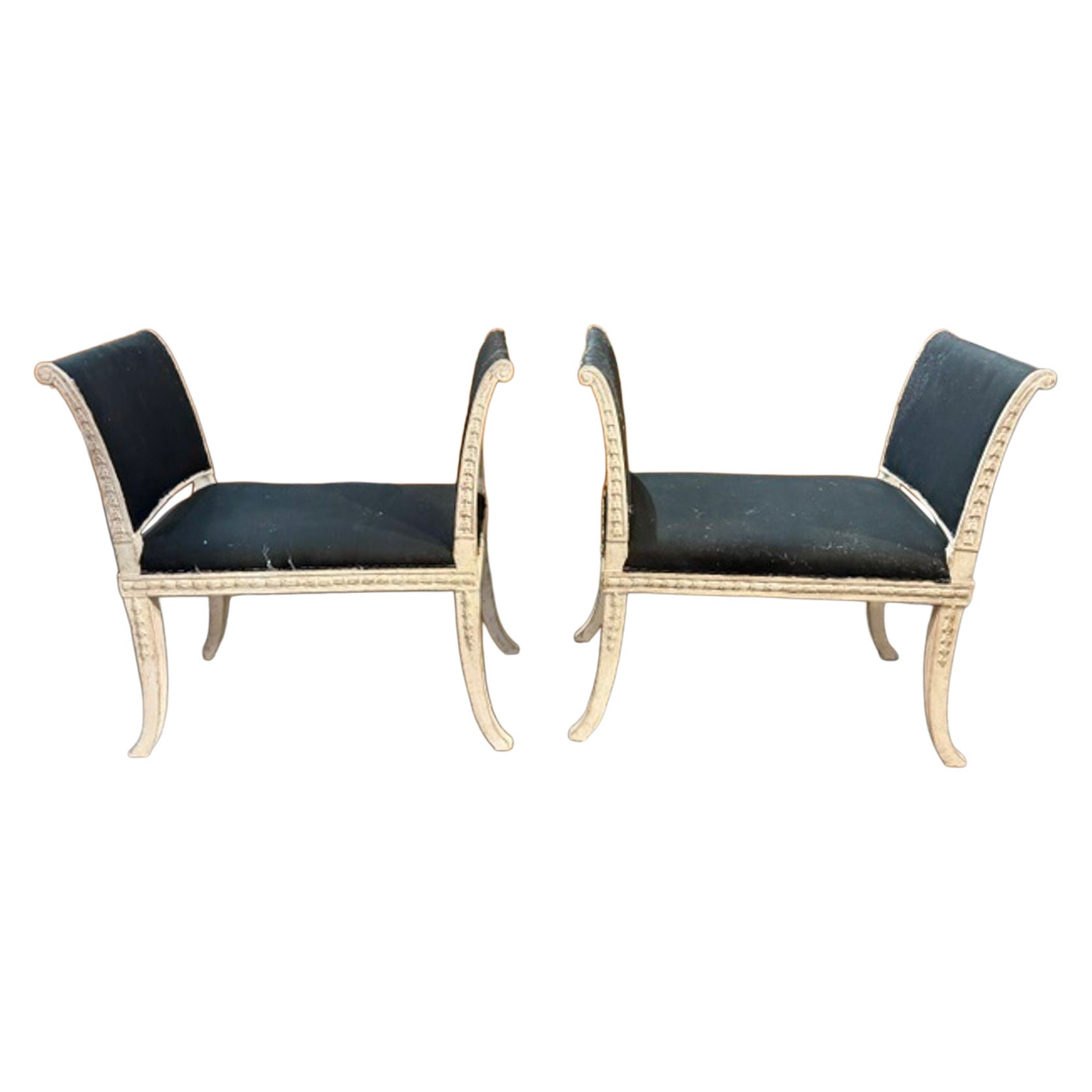 Pair of Vintage Swedish Carved and Painted Benches For Sale