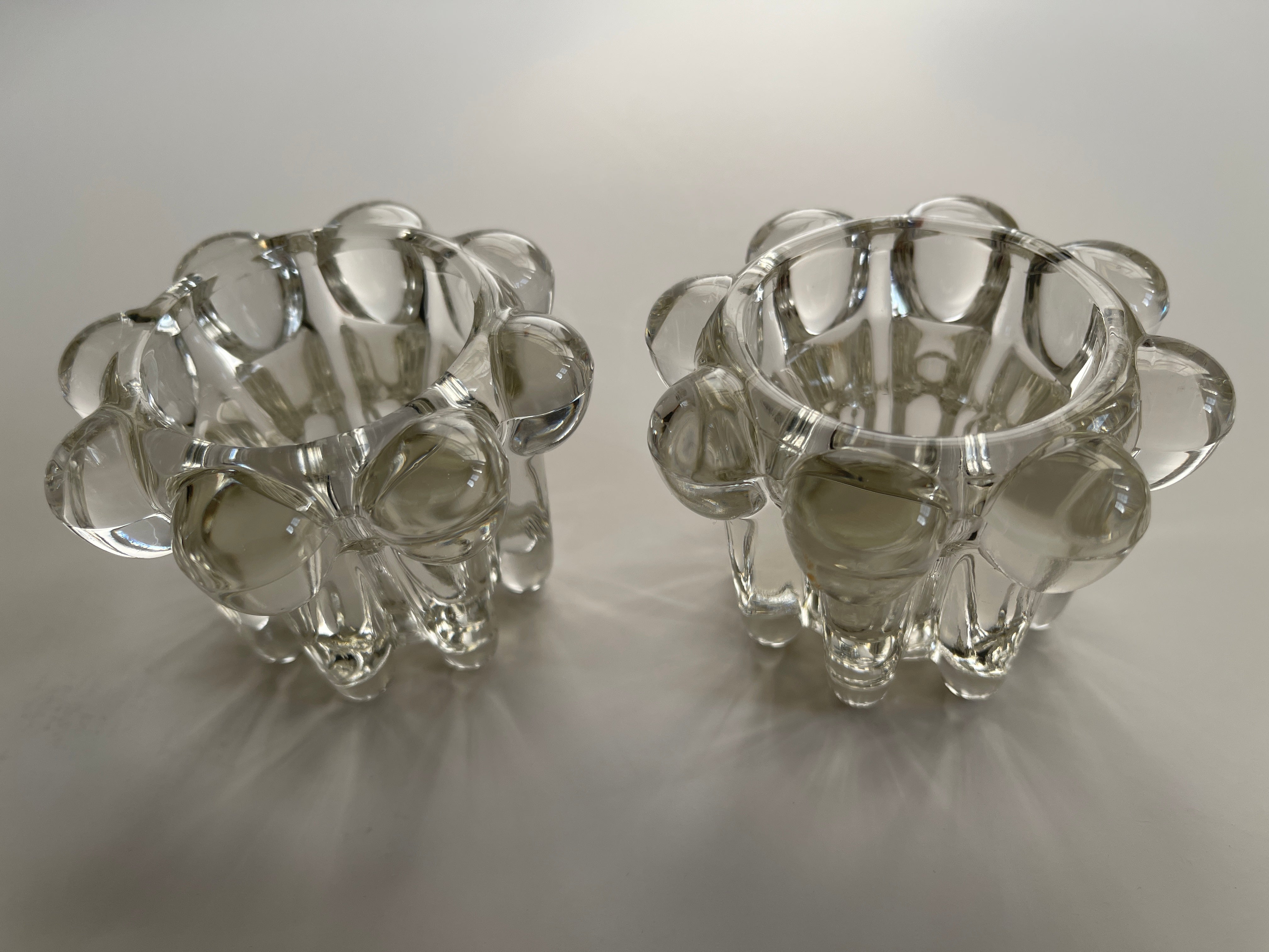 Scandinavian Modern Pair of Vintage Swedish Crystal Flower Column Candle Holders For Sale