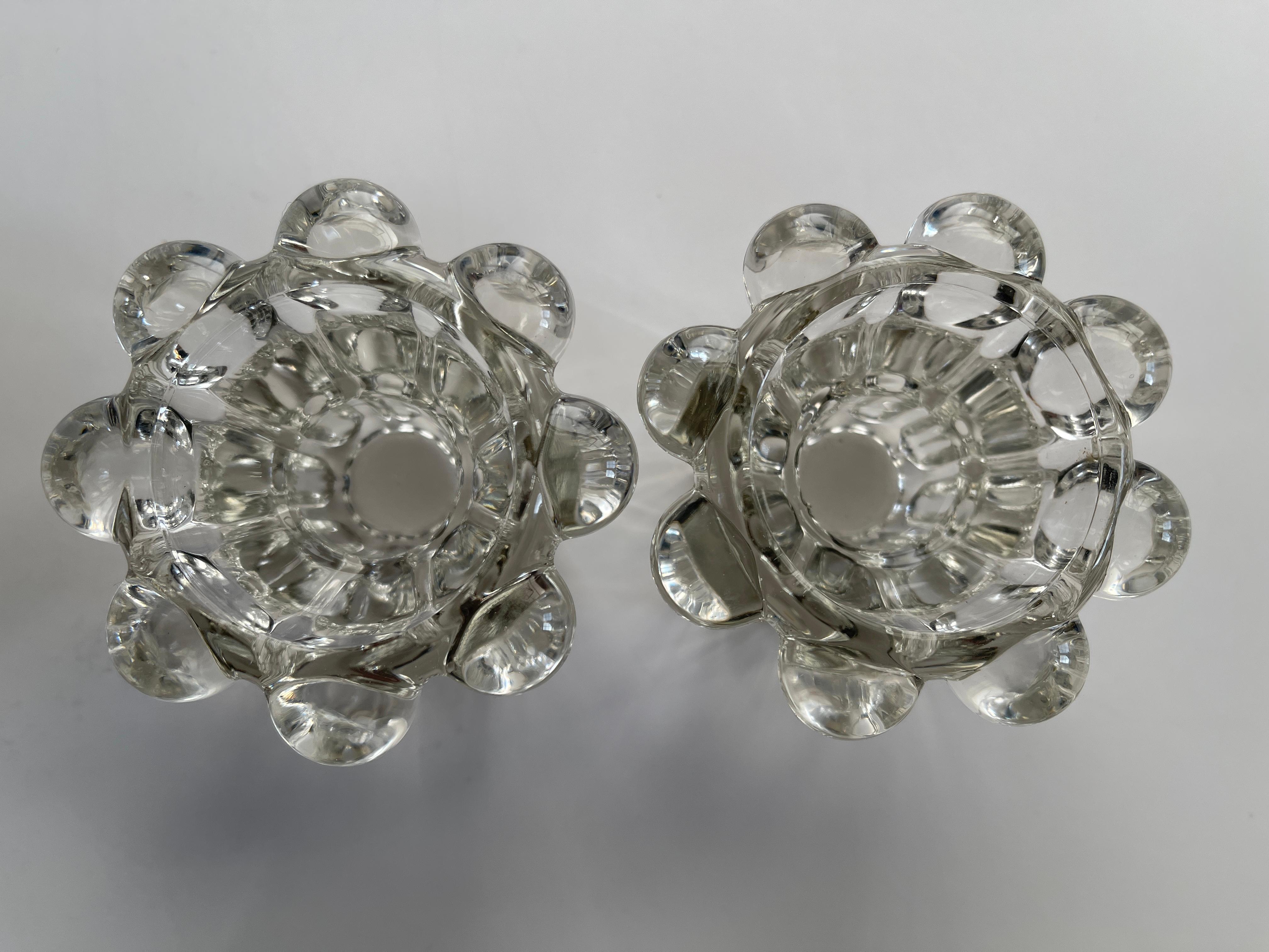 Danish Pair of Vintage Swedish Crystal Flower Column Candle Holders For Sale