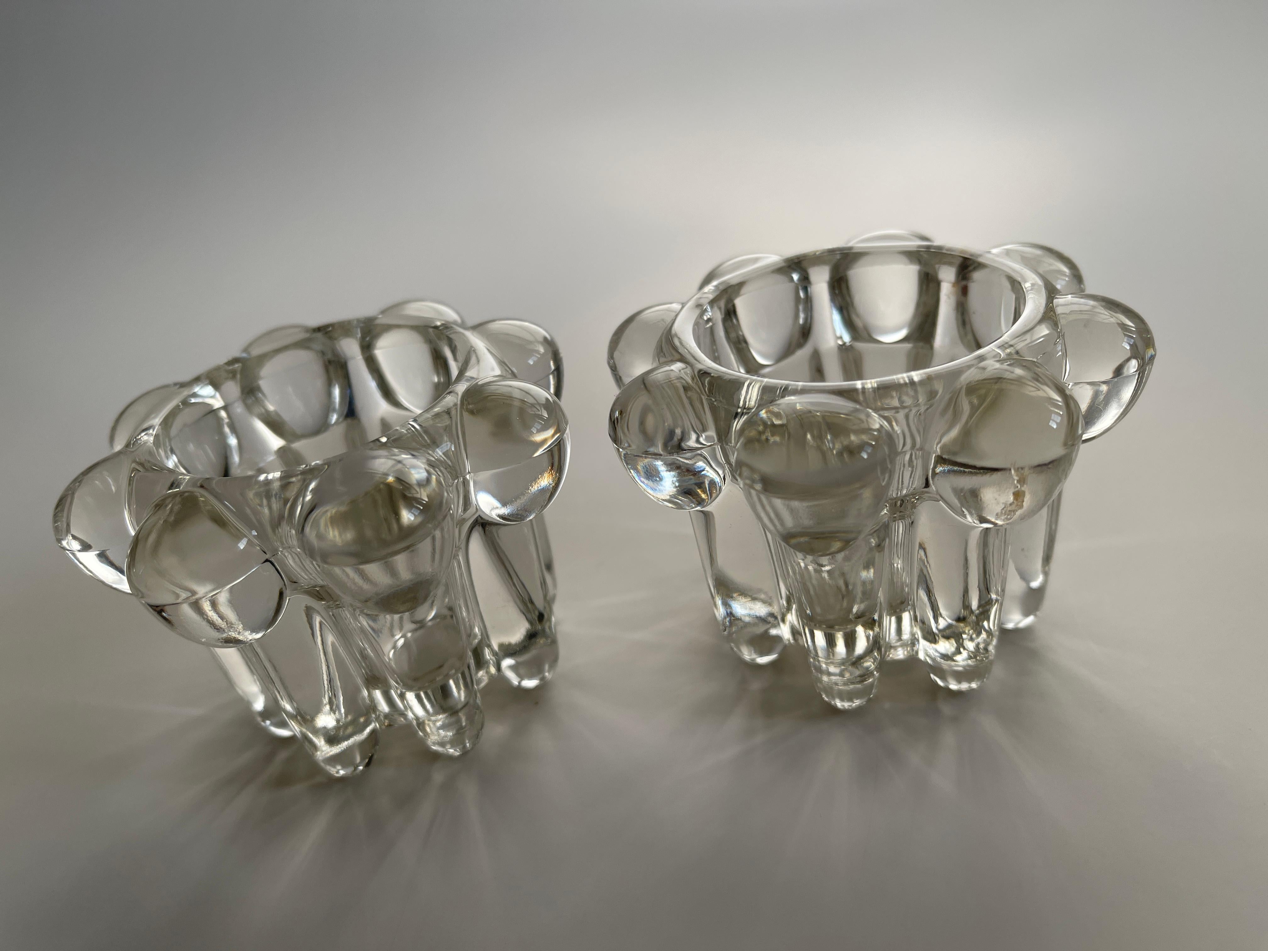 Art Glass Pair of Vintage Swedish Crystal Flower Column Candle Holders For Sale