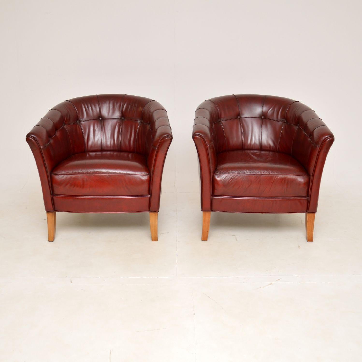 A superb pair of vintage Swedish leather club chairs. They were recently imported from Sweden, they date from around the 1950’s.

The quality is outstanding, they are very well made are extremely comfortable. The original buttoned leather has a