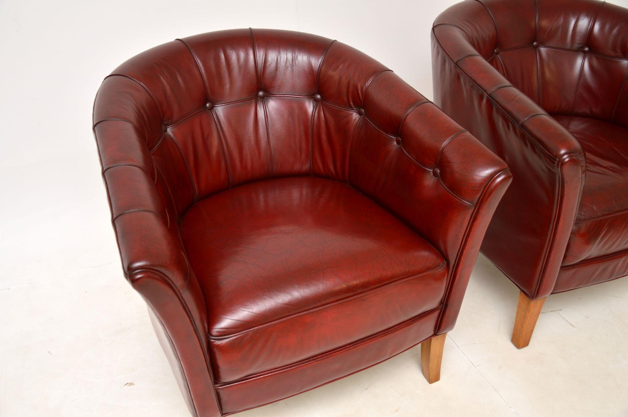 Mid-20th Century Pair of Vintage Swedish Leather Club Armchairs