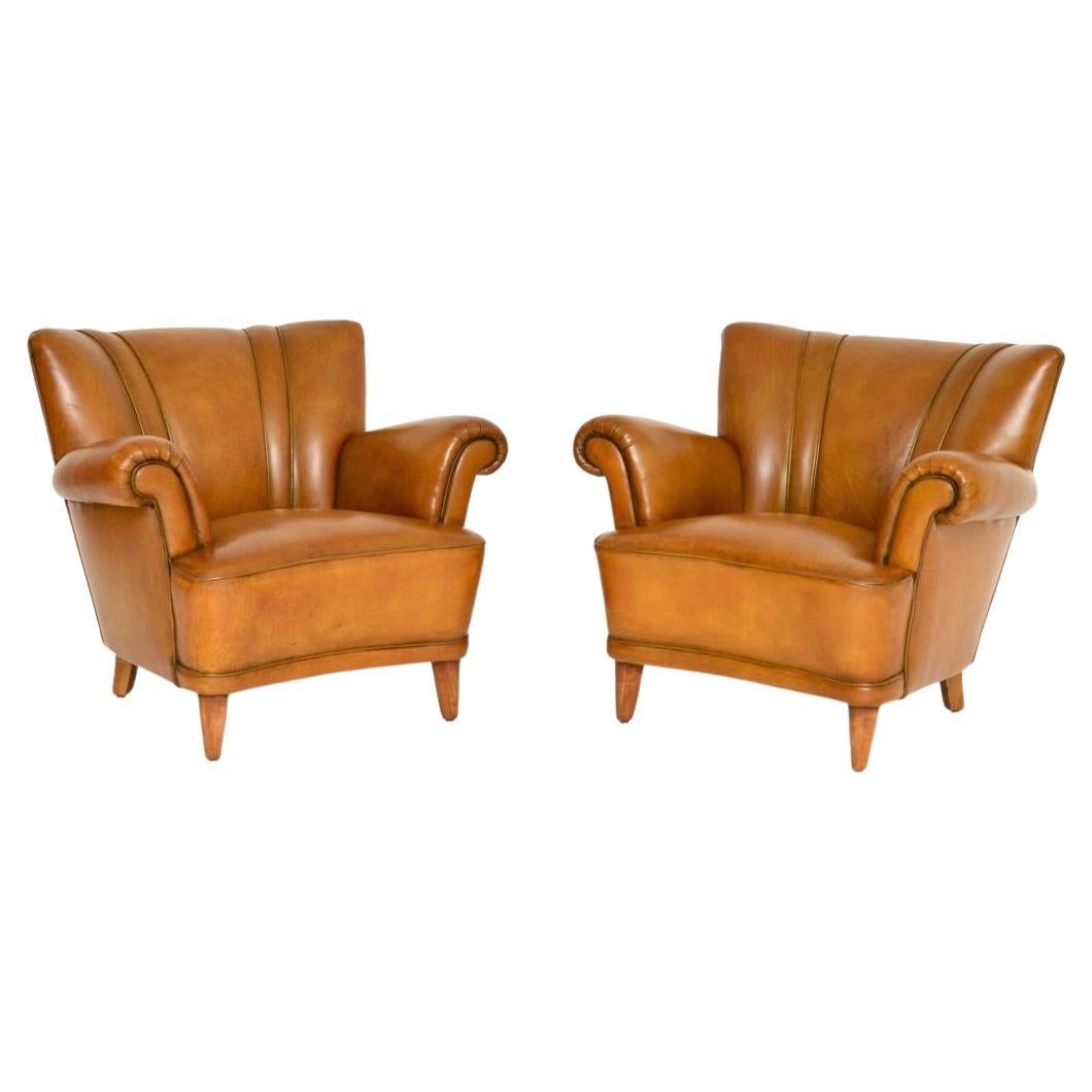 Pair of Vintage Swedish Leather Club Armchairs