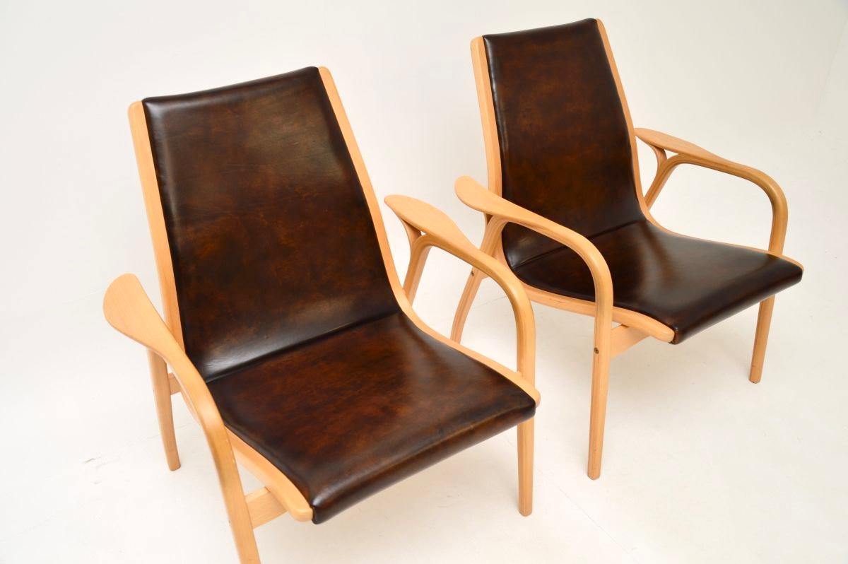 Fin du 20e siècle Paire de fauteuils Lamino suédois vintage en cuir par Yngve Ekstrom en vente