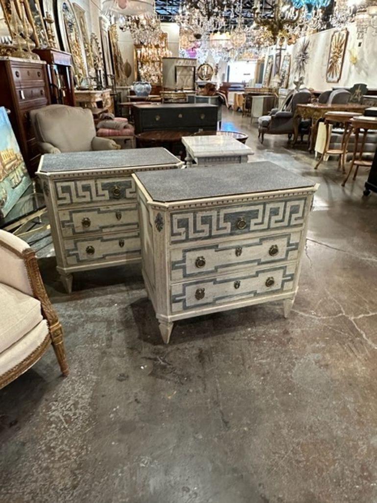 Fine pair of vintage Swedish Neo-Classical hand painted bed side chests with Greek Key motif. Circa 1940. Perfect for today's transitional designs!