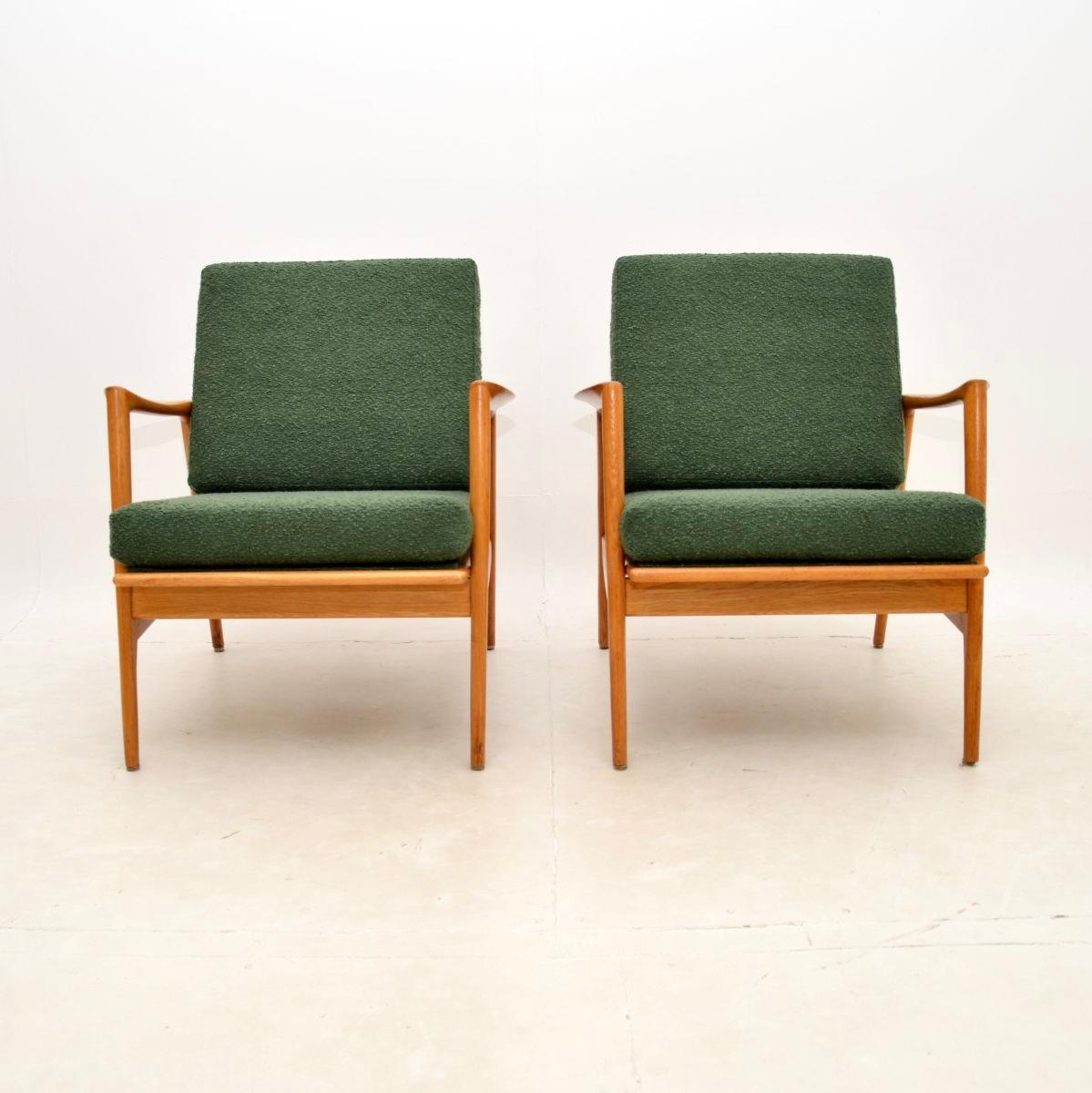 A very stylish and comfortable pair of vintage Swedish oak armchairs. We recently imported these from Sweden, they date from the 1960’s.

The quality is fantastic, they have beautifully sculpted solid oak frames and look amazing from all angles. The