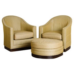 Pair of Vintage Swivel Arm Chairs With Single Ottoman and Rattan Bases