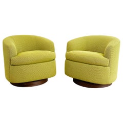 Pair of Vintage Swivel Barrel Back Lounge Chairs, Walnut Bases, New Upholstery