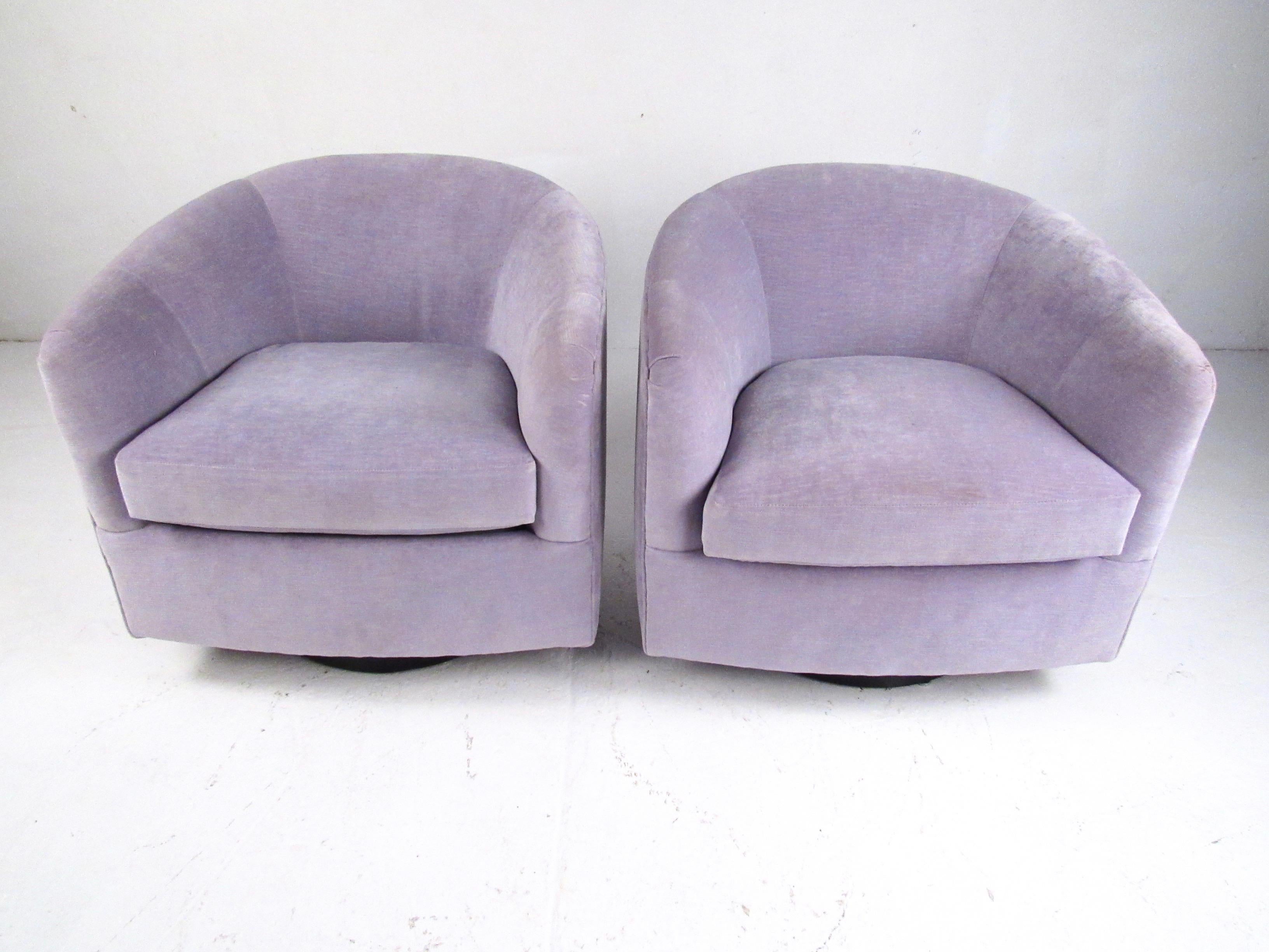 Mid-Century Modern Pair of Vintage Swivel Club Chairs with Ottoman