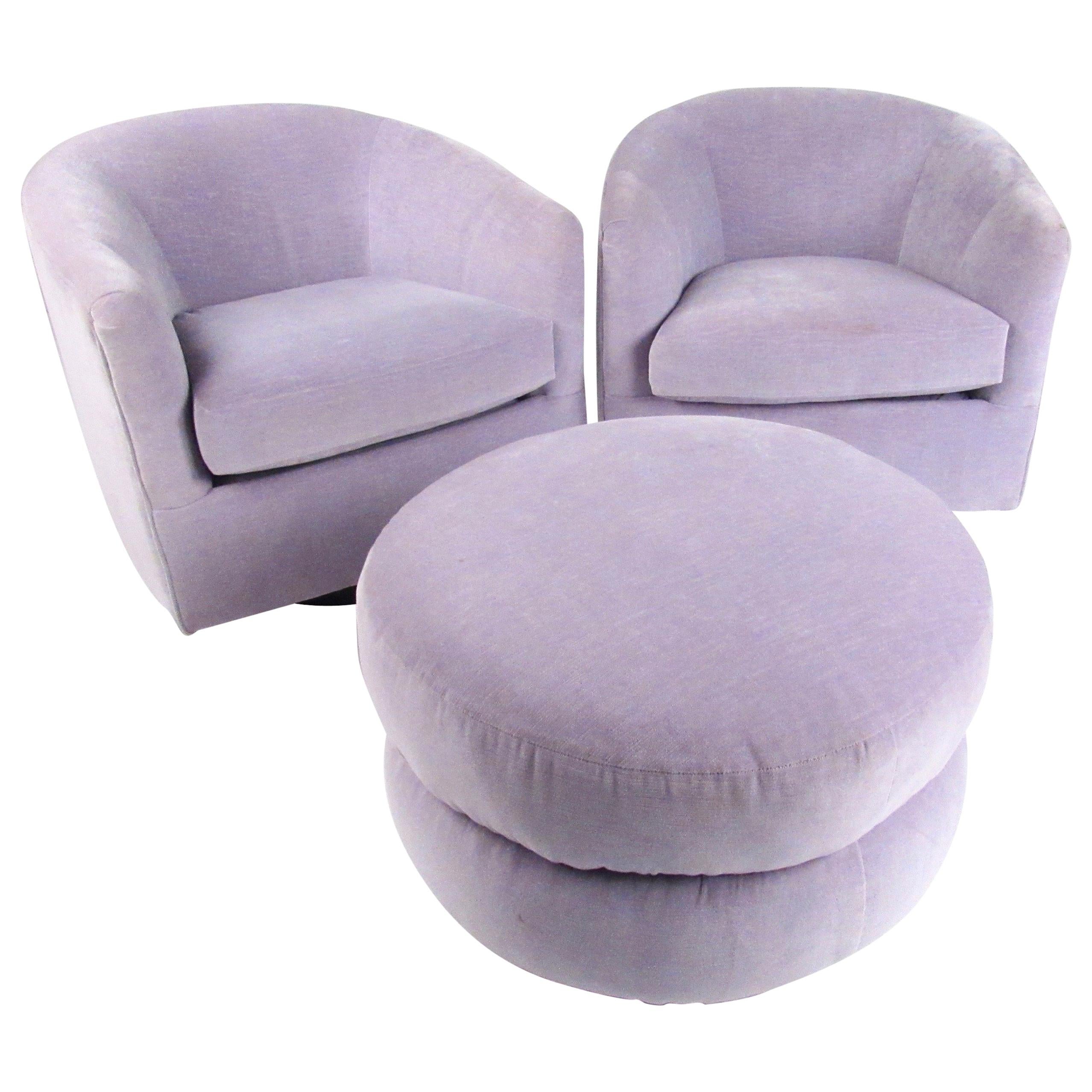 Pair of Vintage Swivel Club Chairs with Ottoman
