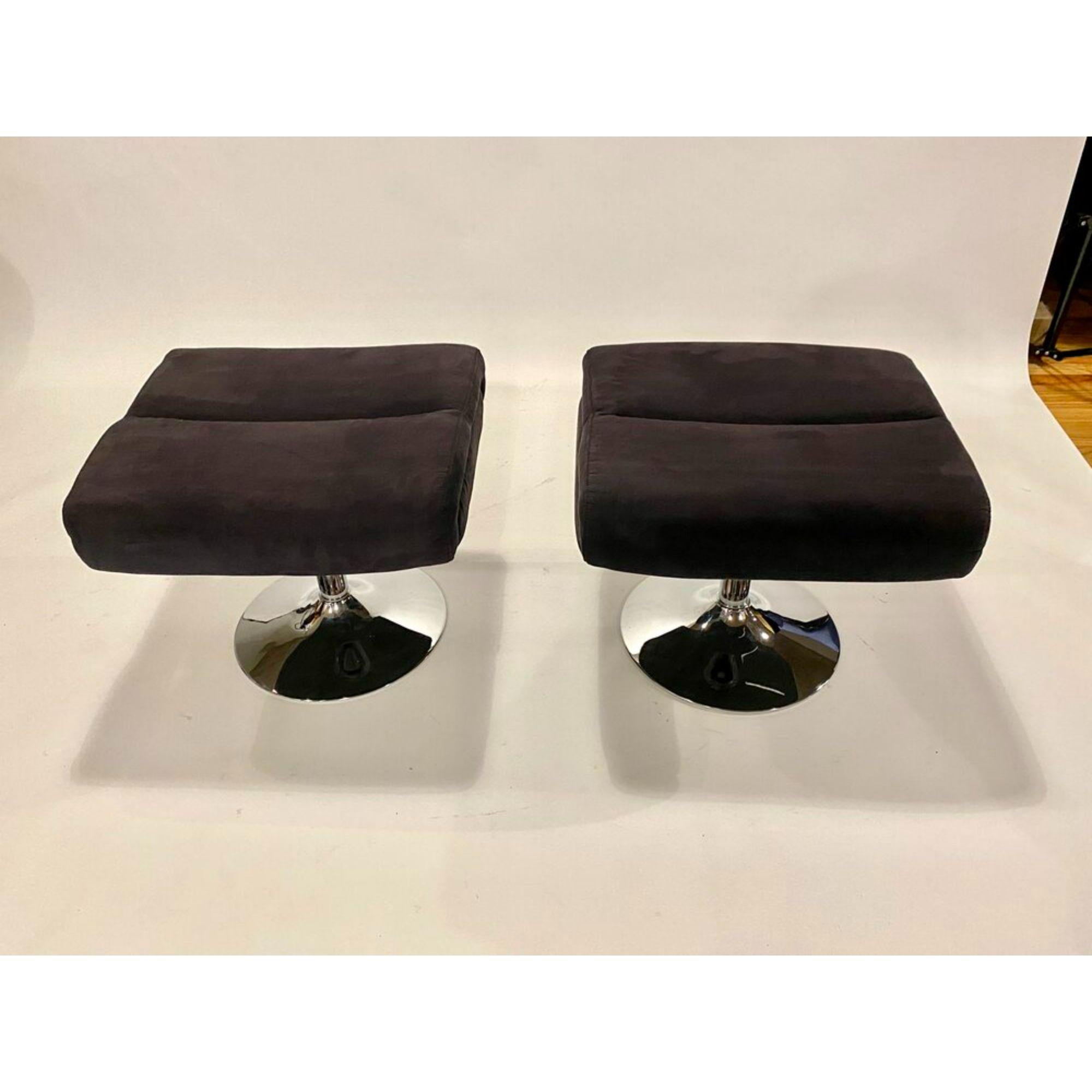 Polished Pair of Vintage Swivel High Back Orb Chairs and Ottomans in Black Fabric & Metal