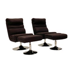 Pair of Vintage Swivel High Back Orb Chairs and Ottomans in Black Fabric & Metal