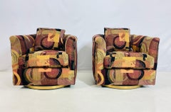 Pair of Vintage Swivel Lounge Chairs with Abstract Upholstery and Brass Bases