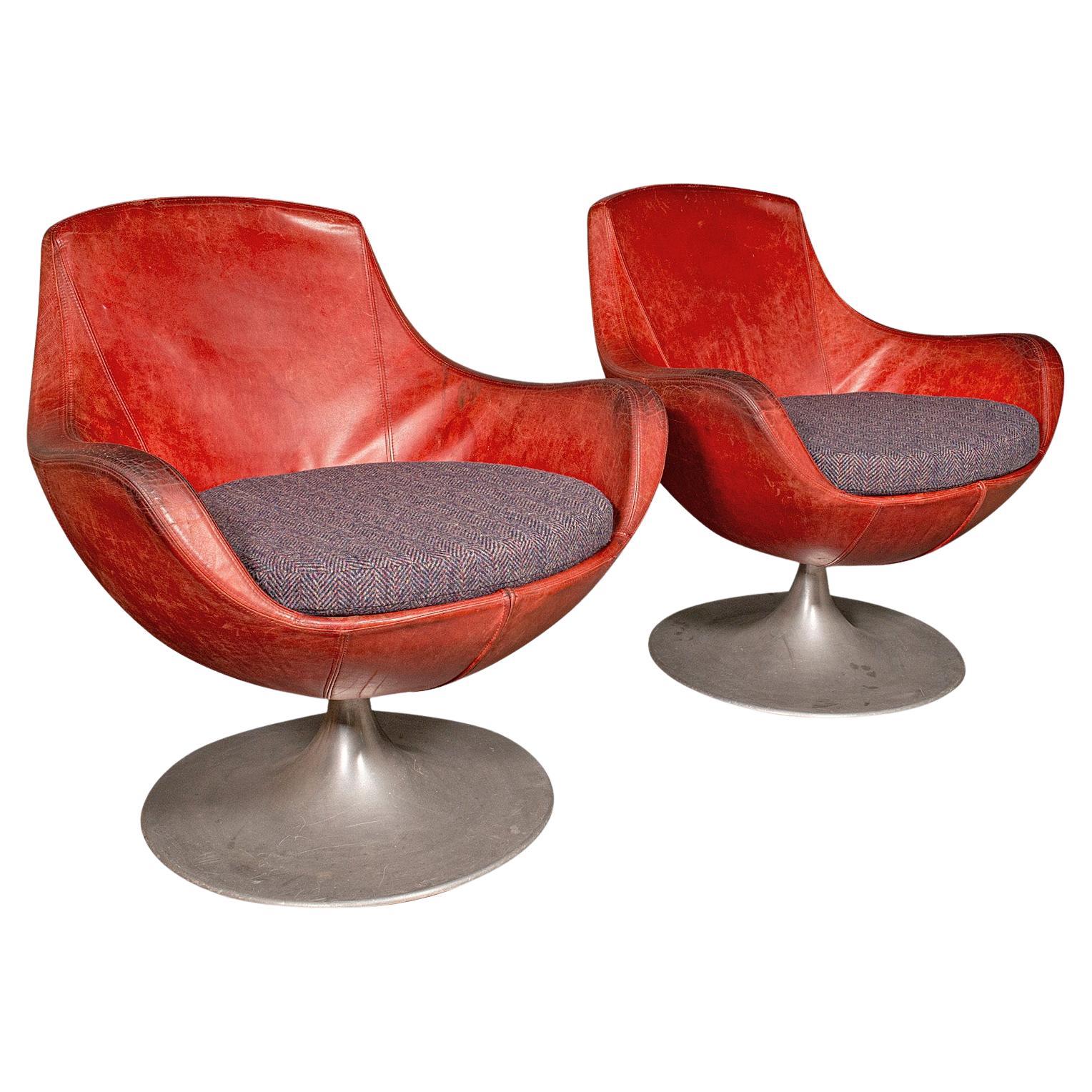 Pair Of Vintage Swivel Tub Chairs, Italian, Leather, Lounge Seat, Circa 1970 For Sale