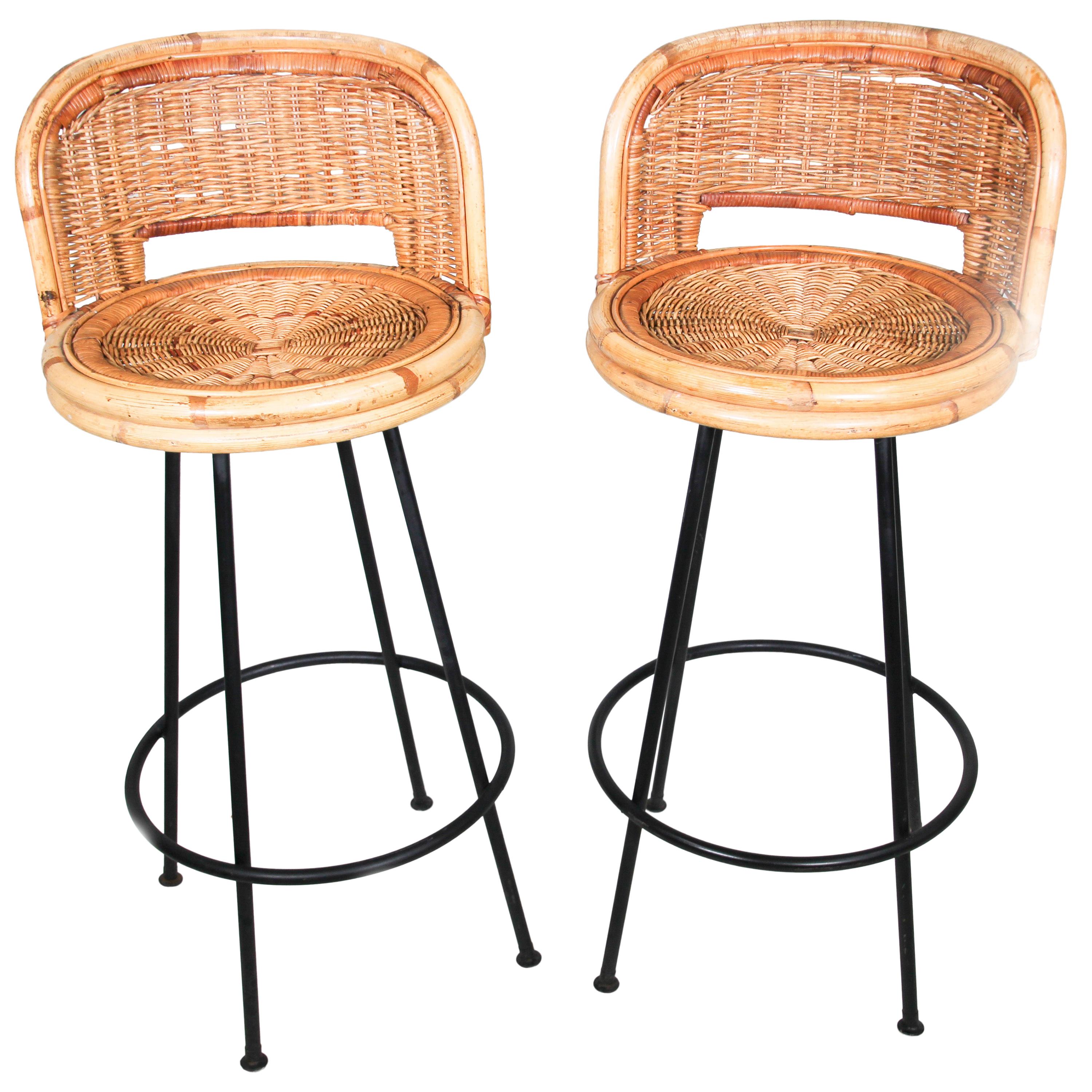 Pair of Vintage Swivel Woven Rattan Bar Stool, 1960s