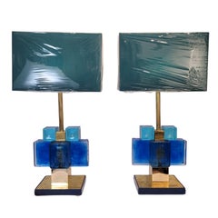 Paar Vintage Tischlampen aus blauem Muranoglas und Messing, Italien