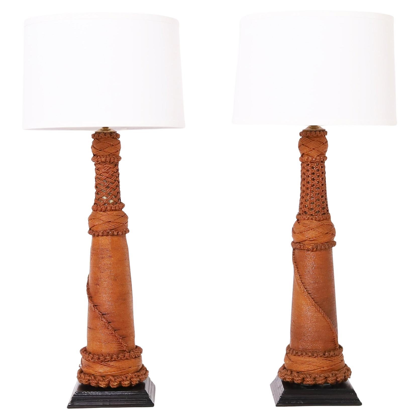 Paire de lampes de table vintage enveloppées de corde