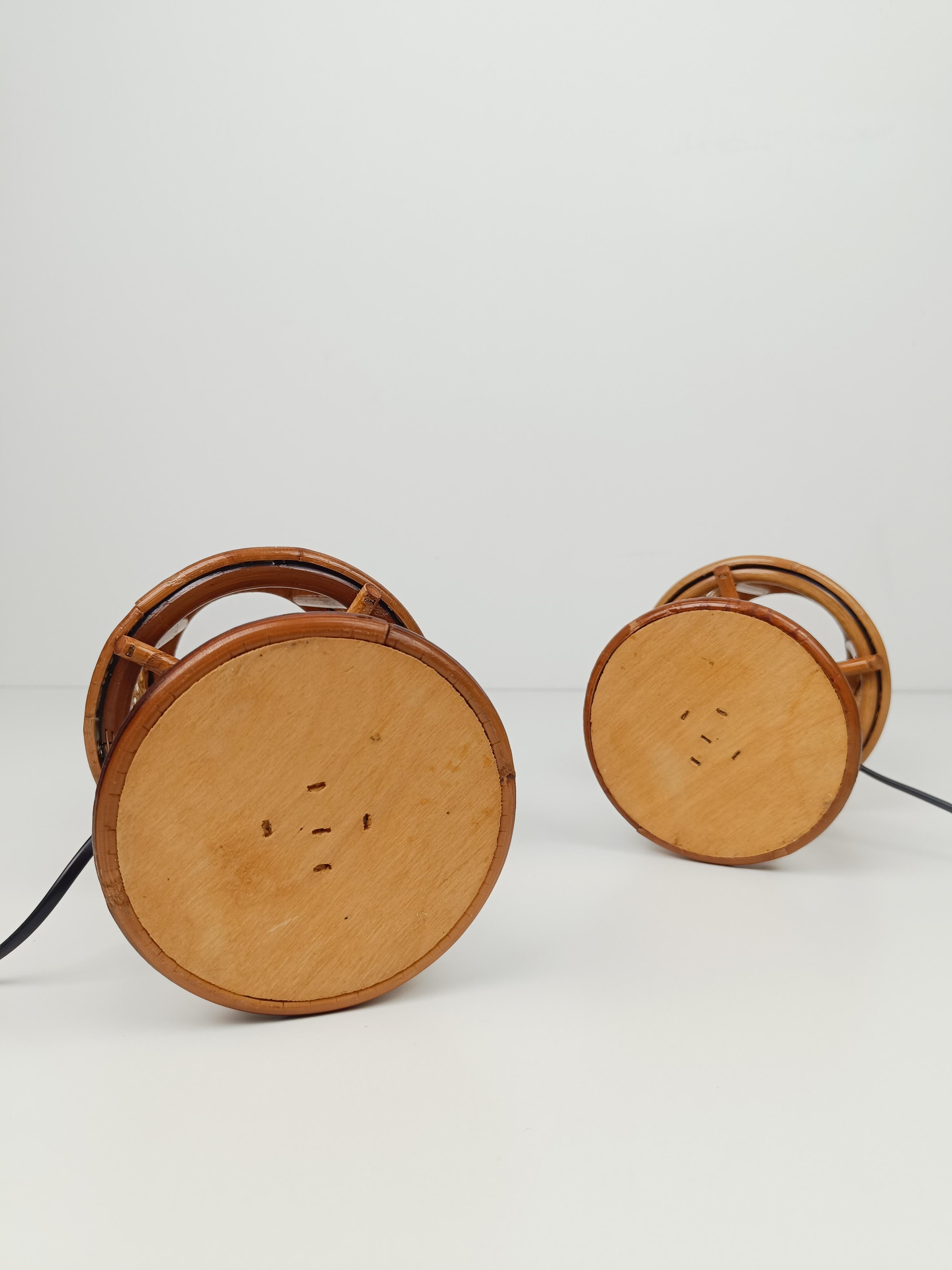 Pair of Vintage Table Nightstand Lamps in Bamboo, Rattan & Woven Wicker Cane 5