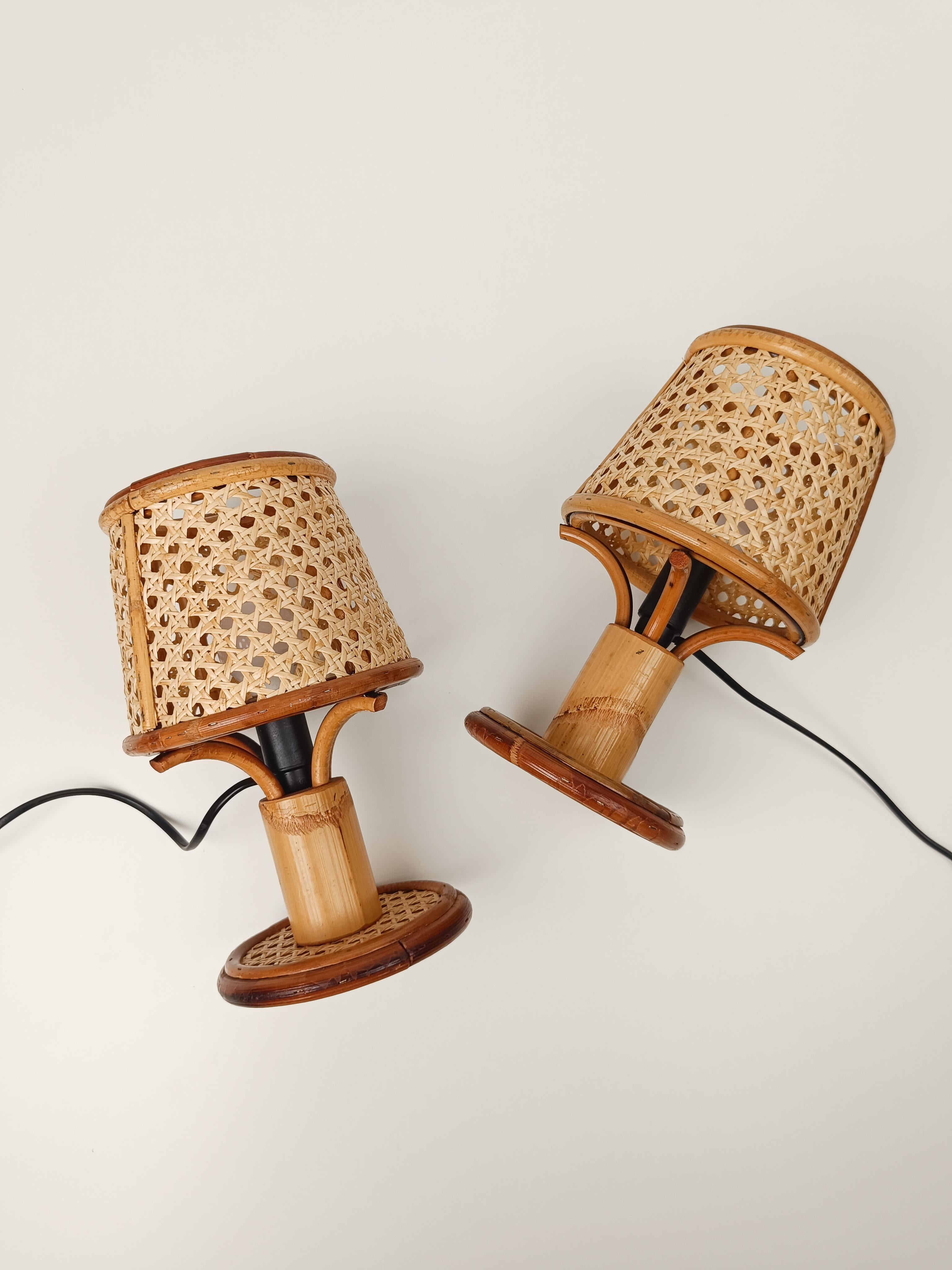 Pair of Vintage Table Nightstand Lamps in Bamboo, Rattan & Woven Wicker Cane 6
