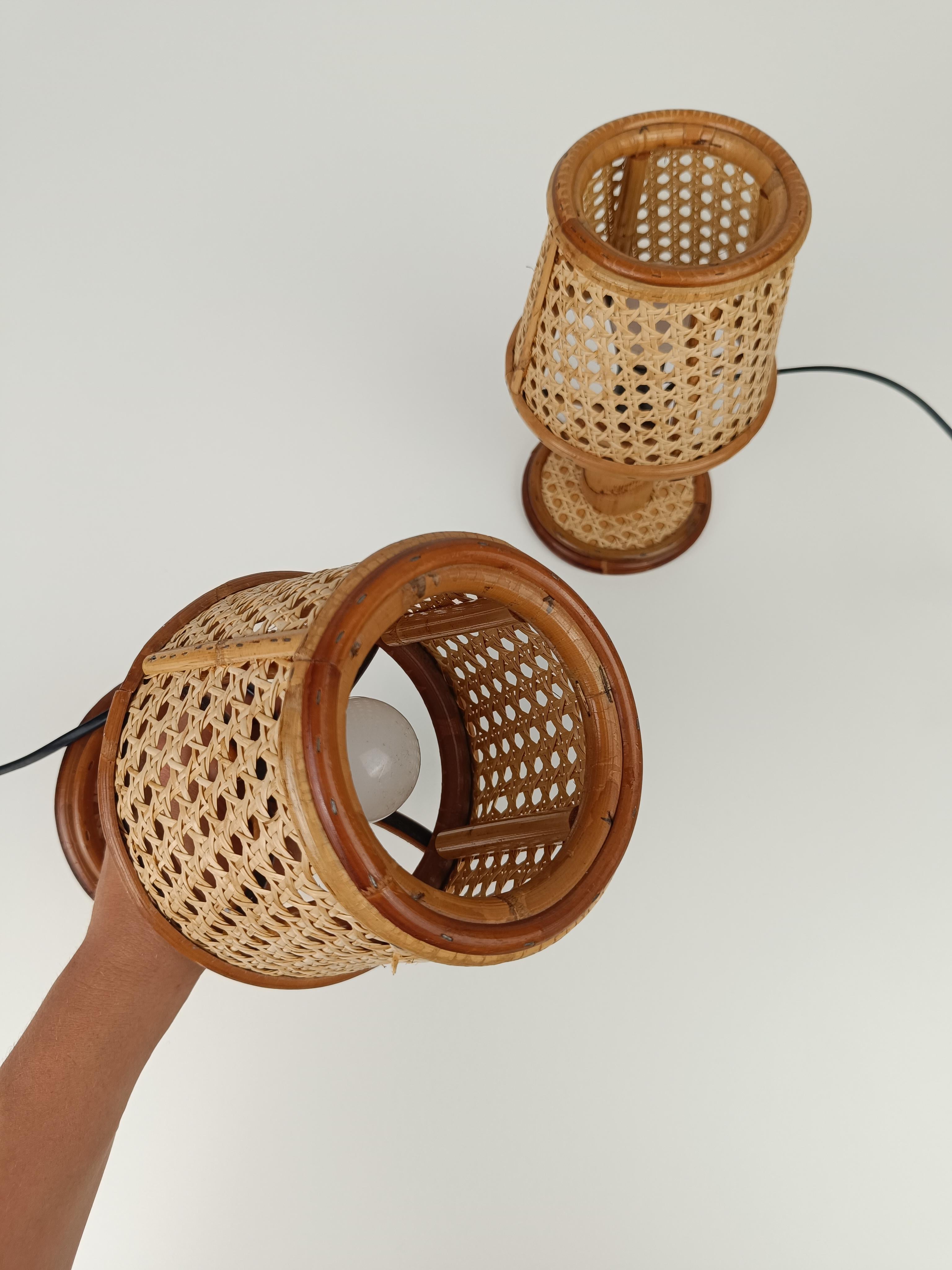 Pair of Vintage Table Nightstand Lamps in Bamboo, Rattan & Woven Wicker Cane 8