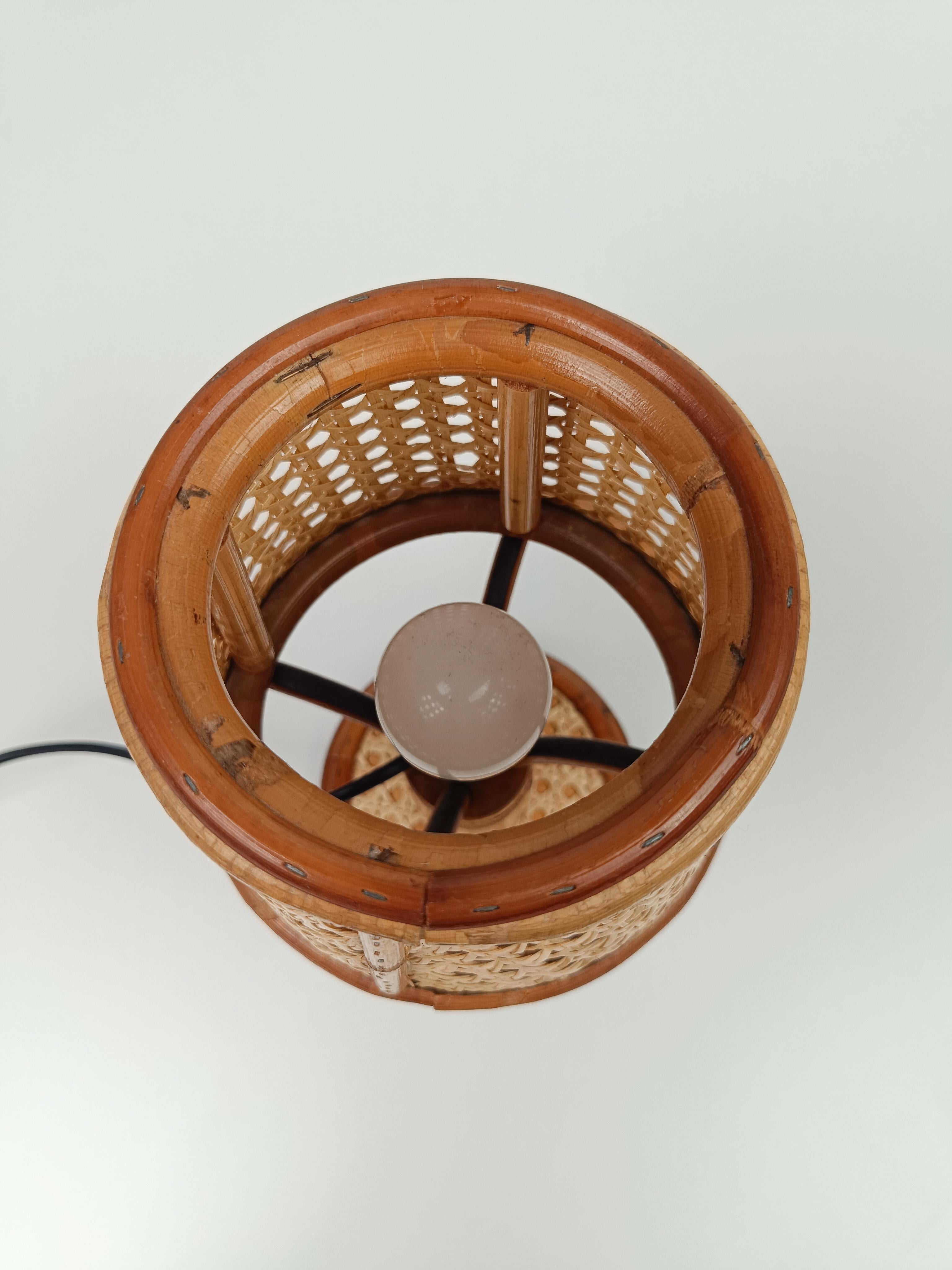 Pair of Vintage Table Nightstand Lamps in Bamboo, Rattan & Woven Wicker Cane 9
