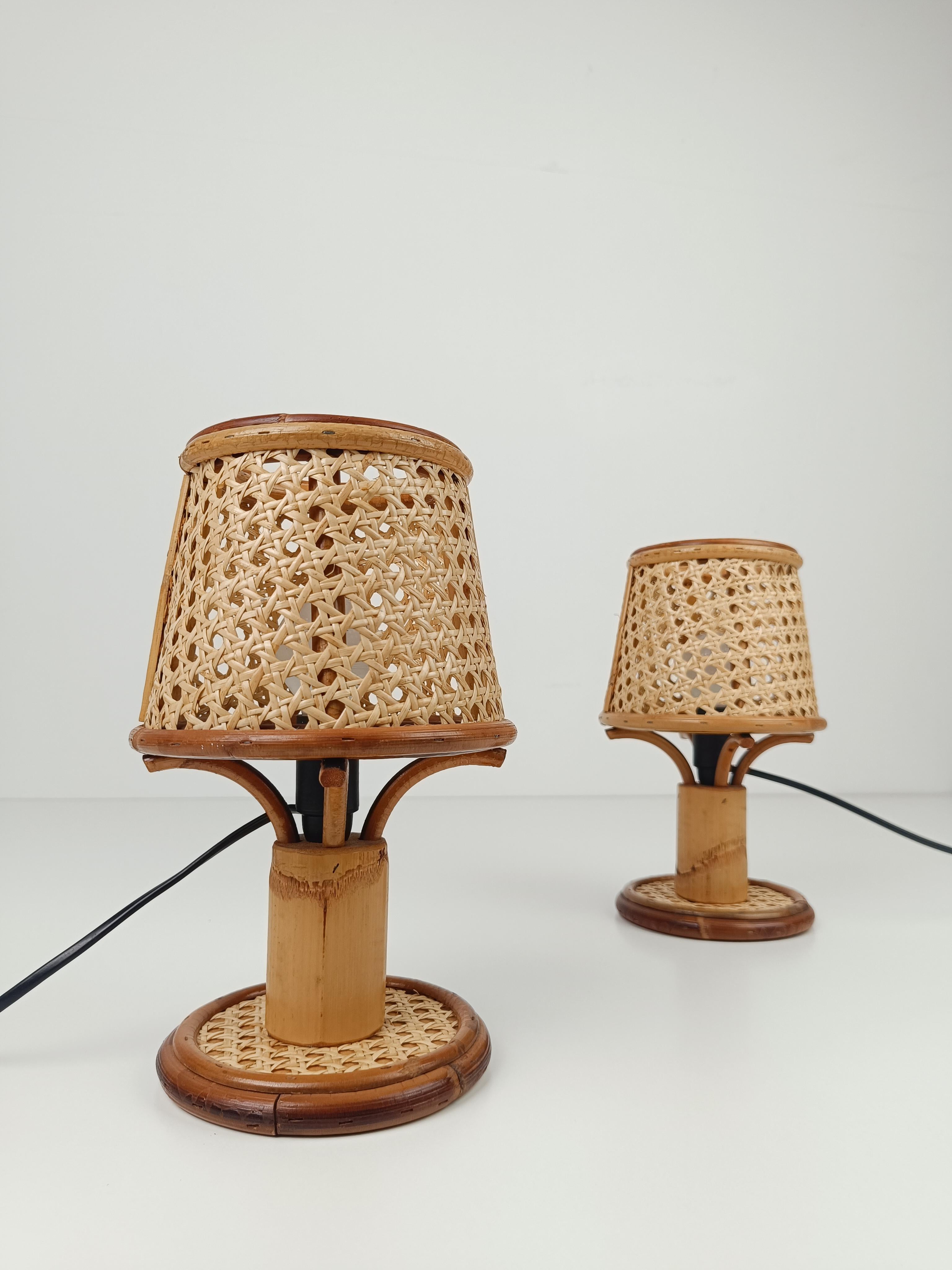 Pair of Vintage Table Nightstand Lamps in Bamboo, Rattan & Woven Wicker Cane 10