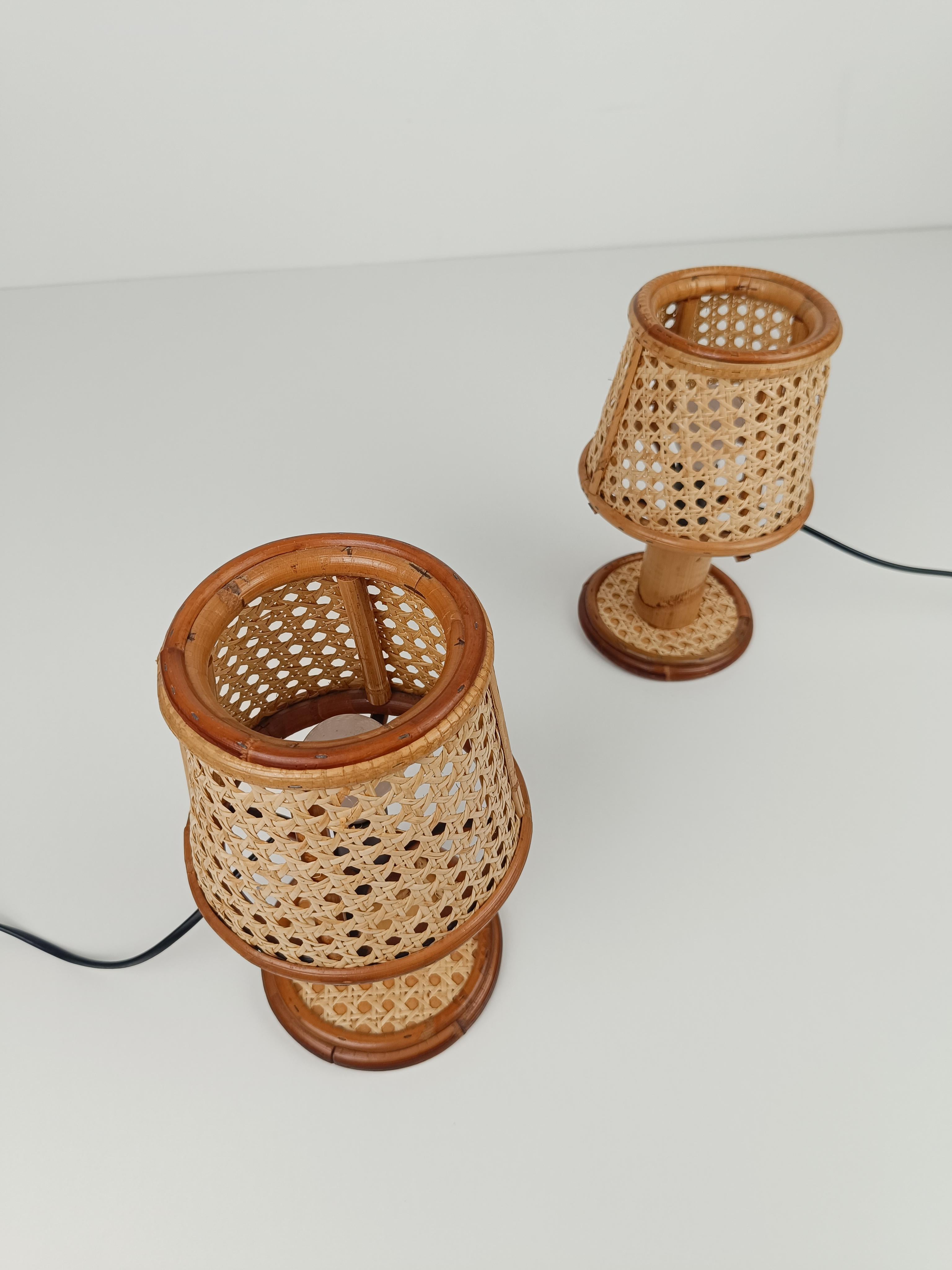 Pair of Vintage Table Nightstand Lamps in Bamboo, Rattan & Woven Wicker Cane 11