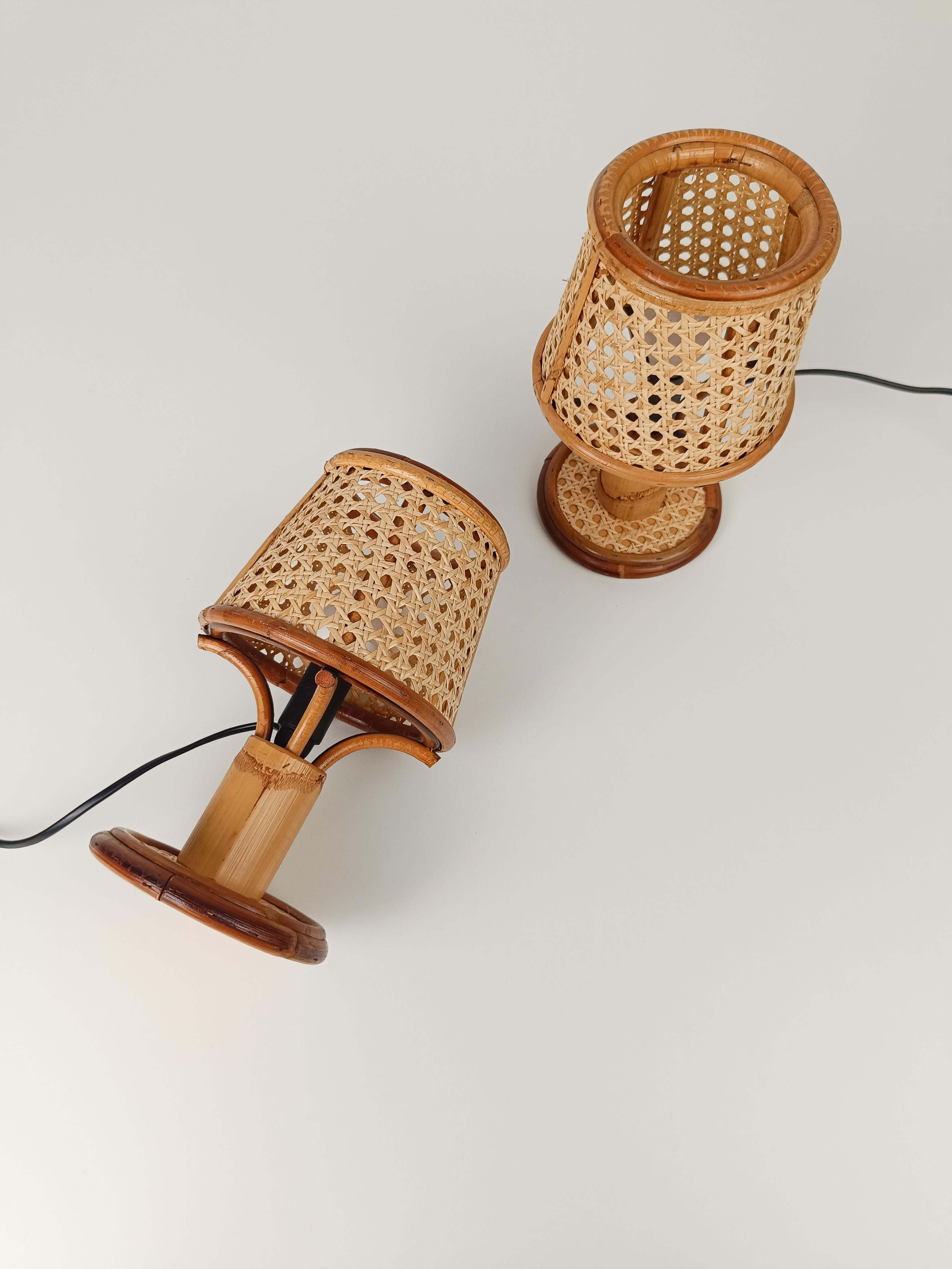 Pair of Vintage Table Nightstand Lamps in Bamboo, Rattan & Woven Wicker Cane 12