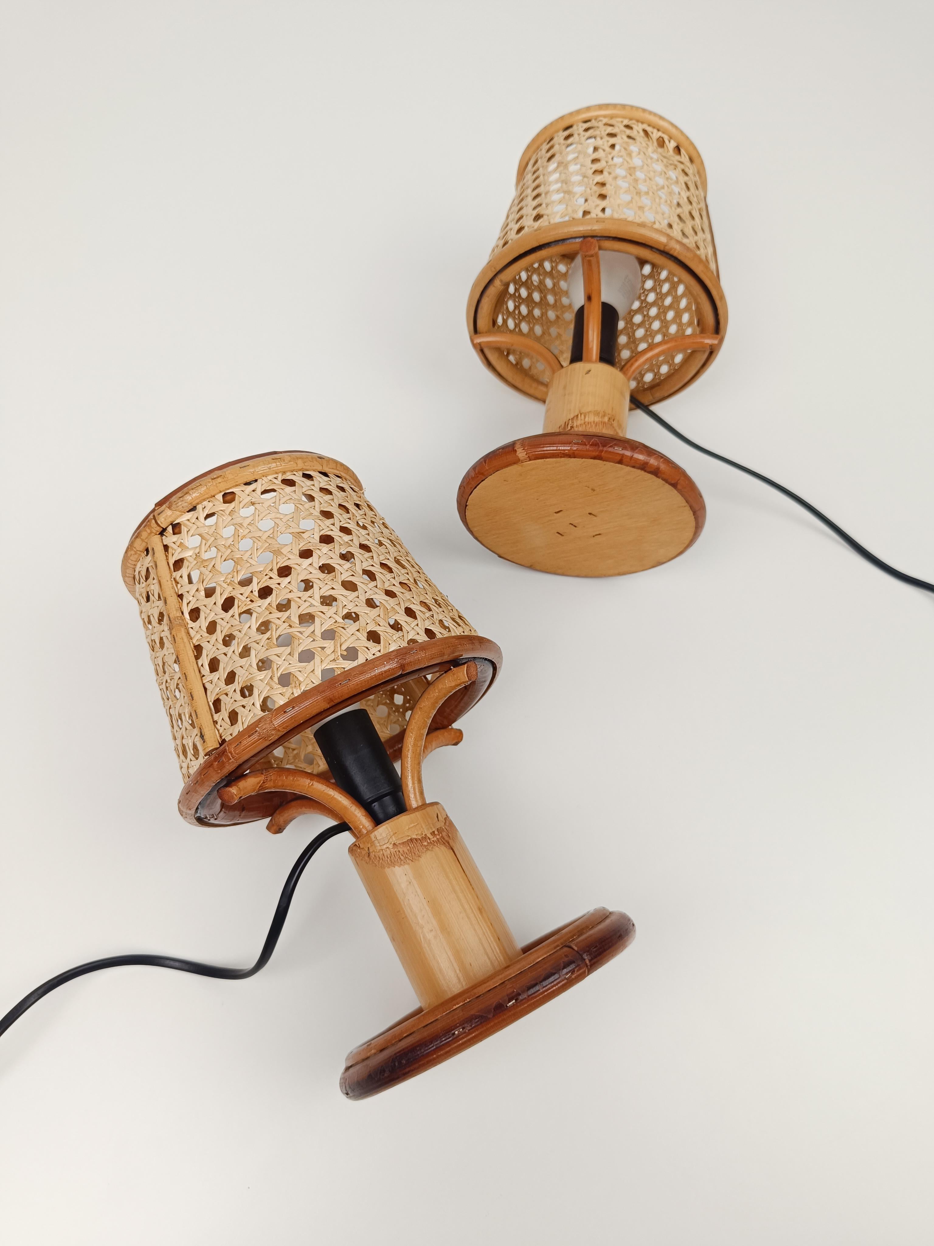 Pair of Vintage Table Nightstand Lamps in Bamboo, Rattan & Woven Wicker Cane 3
